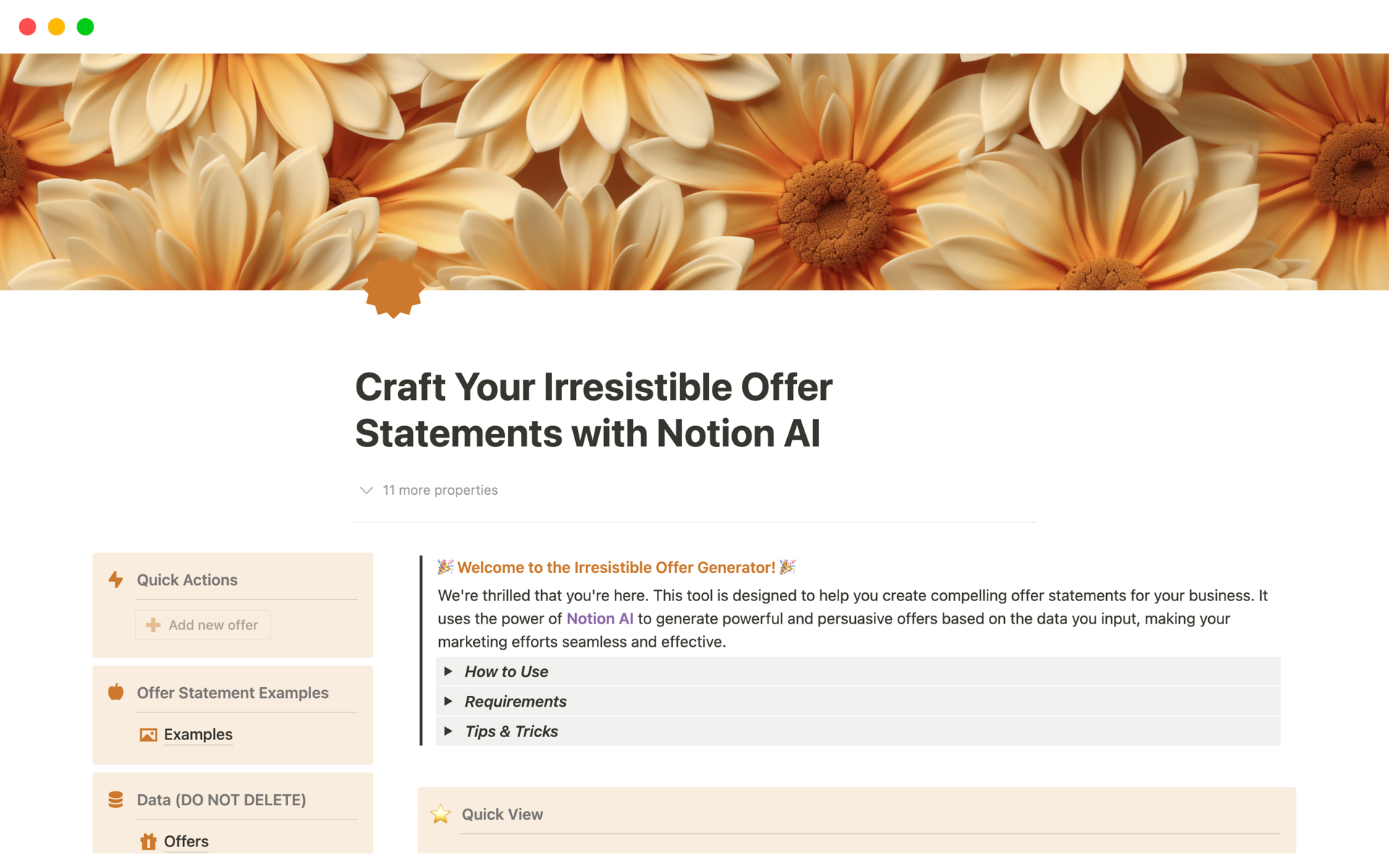 A template preview for Craft Irresistible Offer Statements with Notion AI
