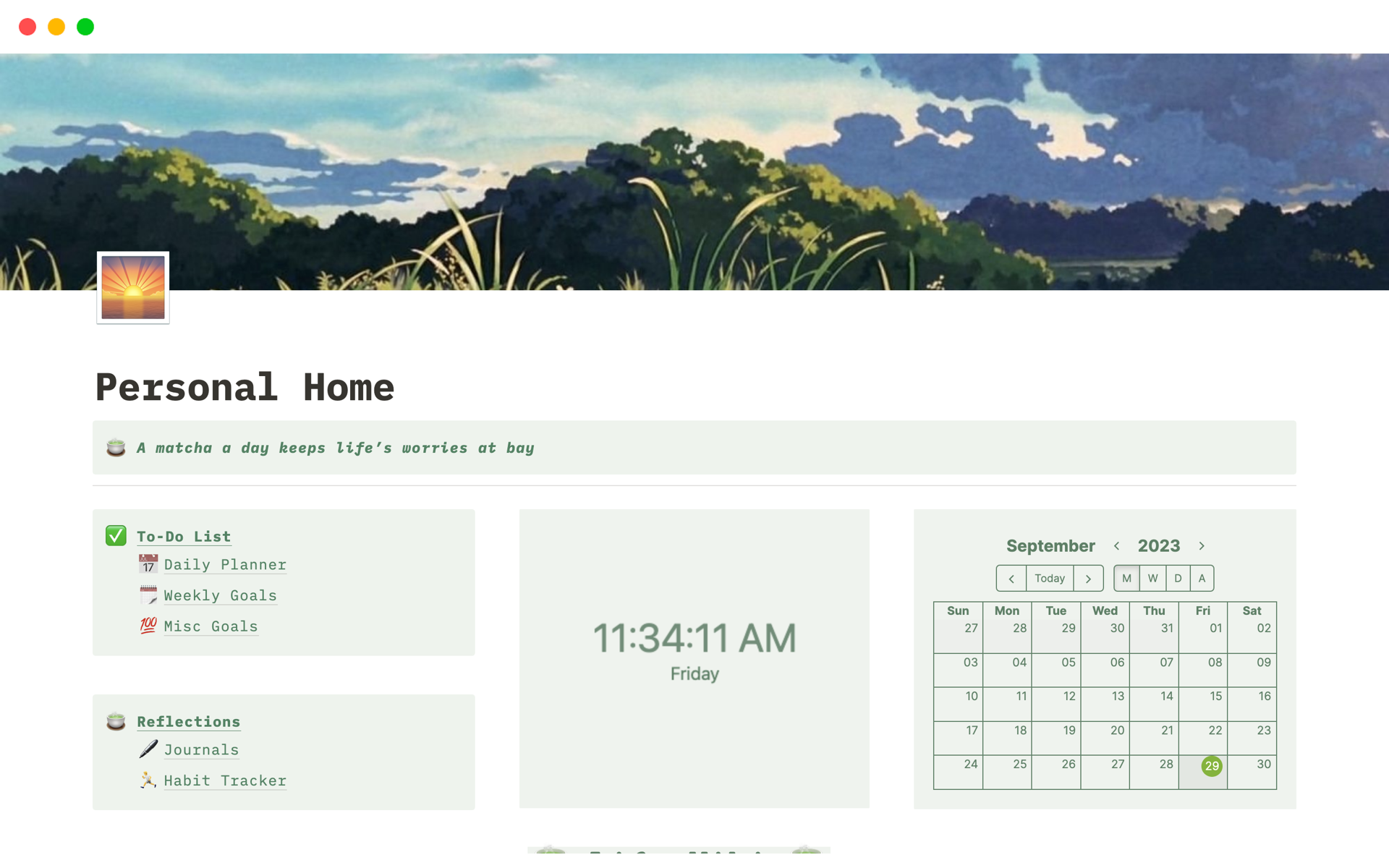 A template preview for Sunset Serenity Personal Home Dashboard