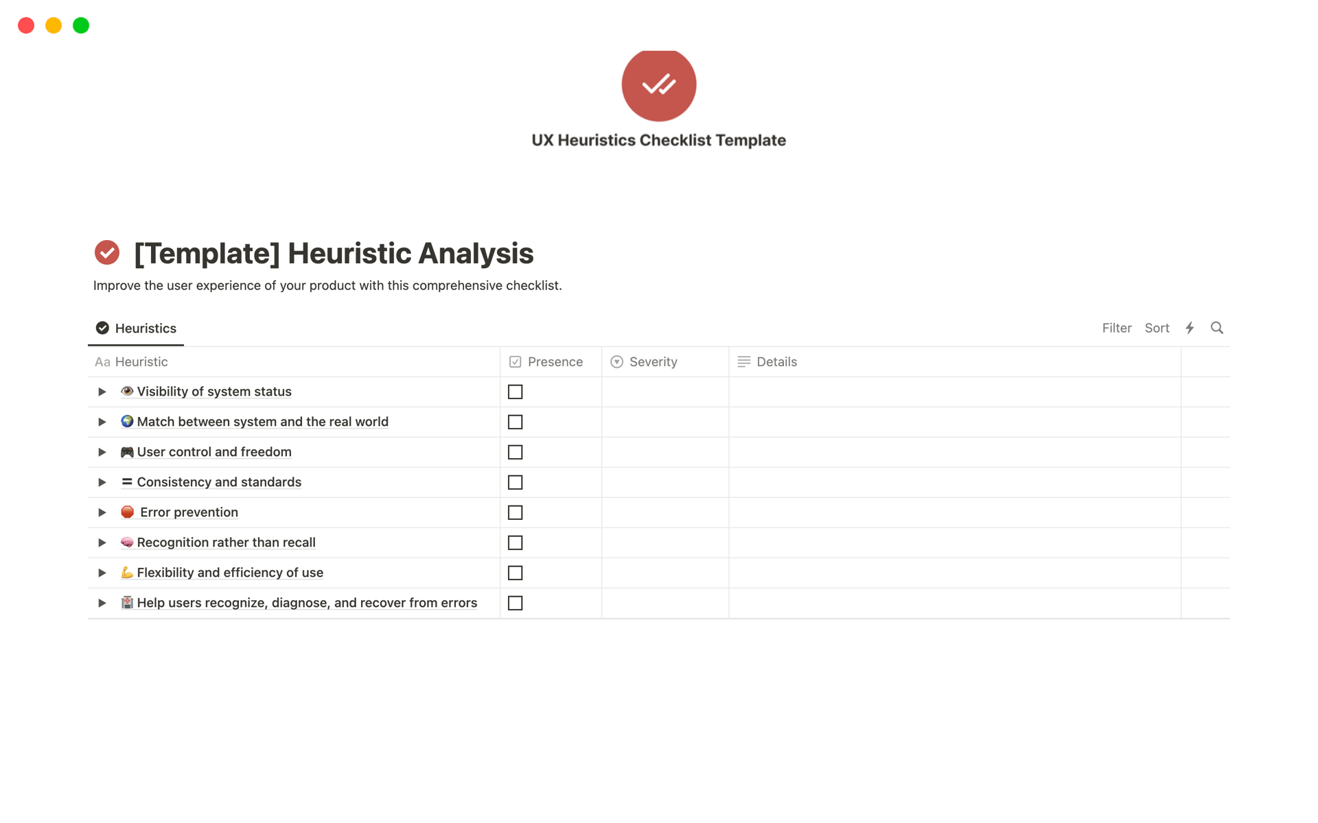 A template preview for UX Heuristics Checklist