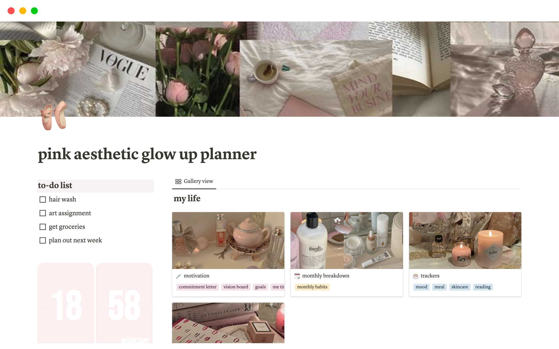 En forhåndsvisning av mal for Pink aesthetic glow up planner