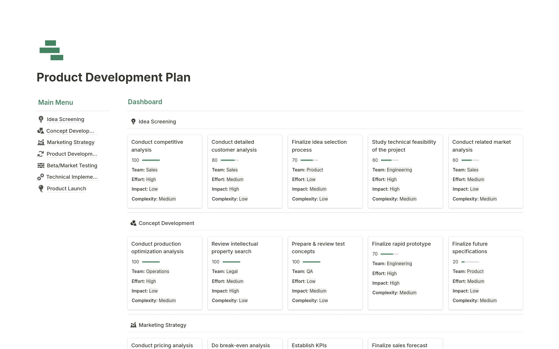 A template preview for Product Development Plan