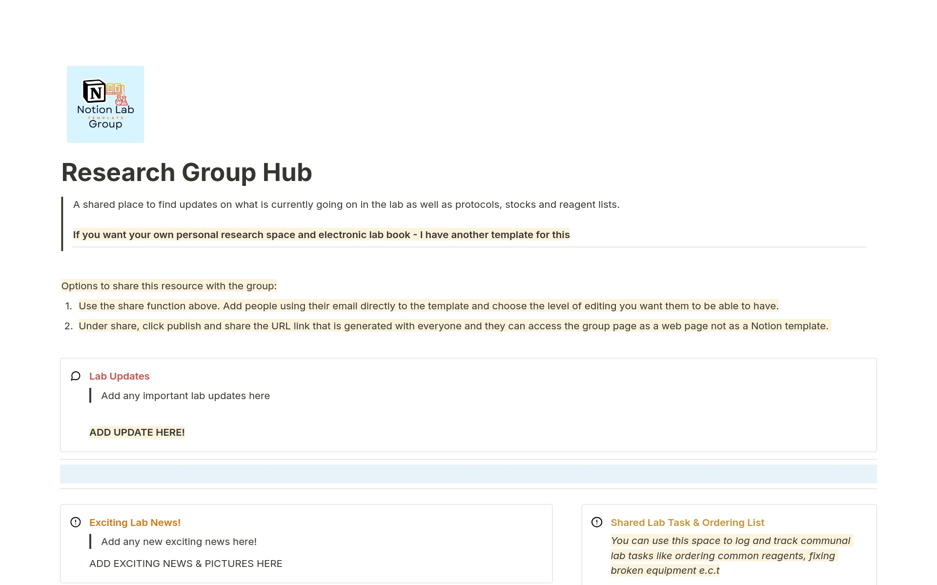 A template preview for Research Group Hub: A collaborative workspace