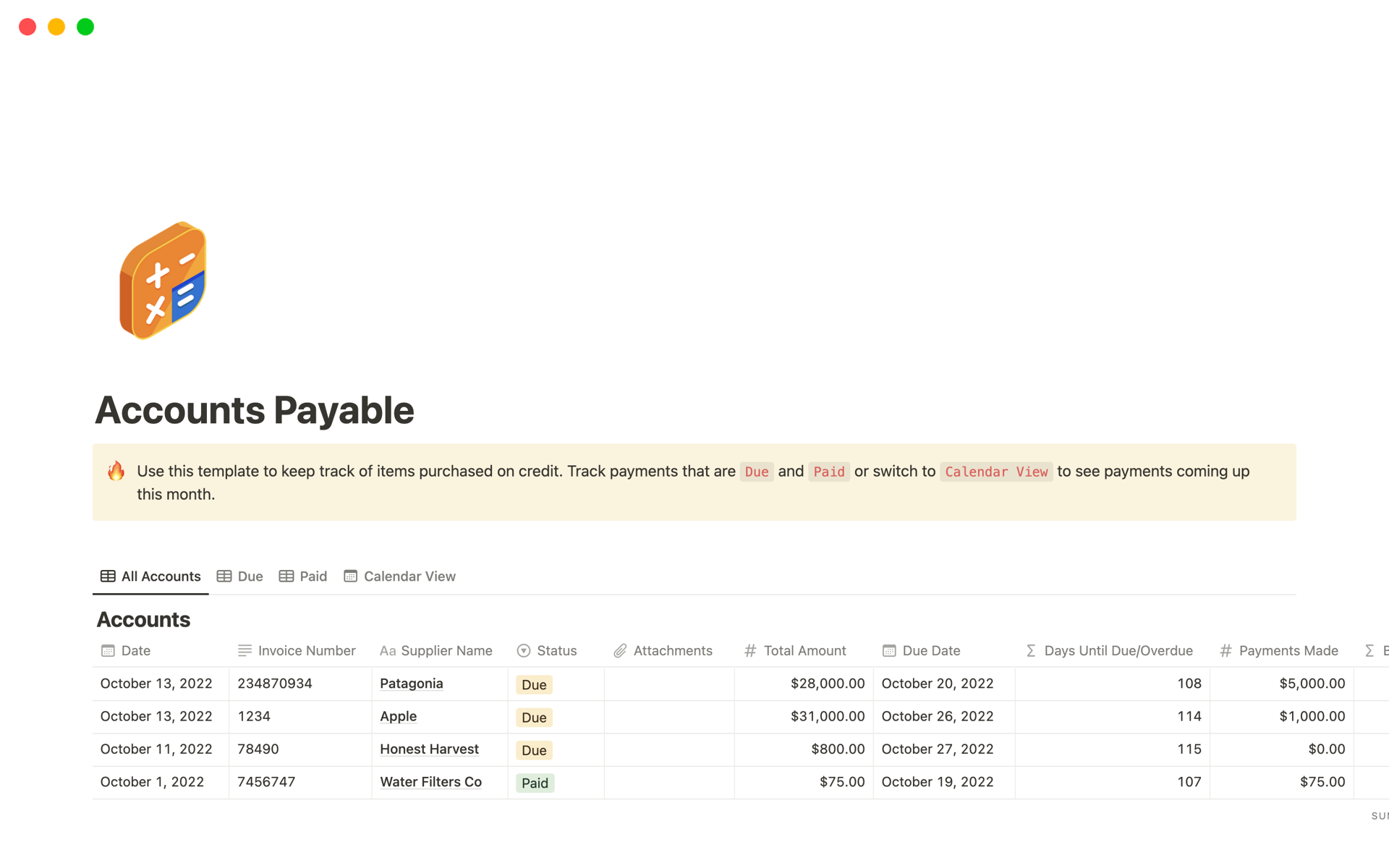 A template preview for Accounts Payable