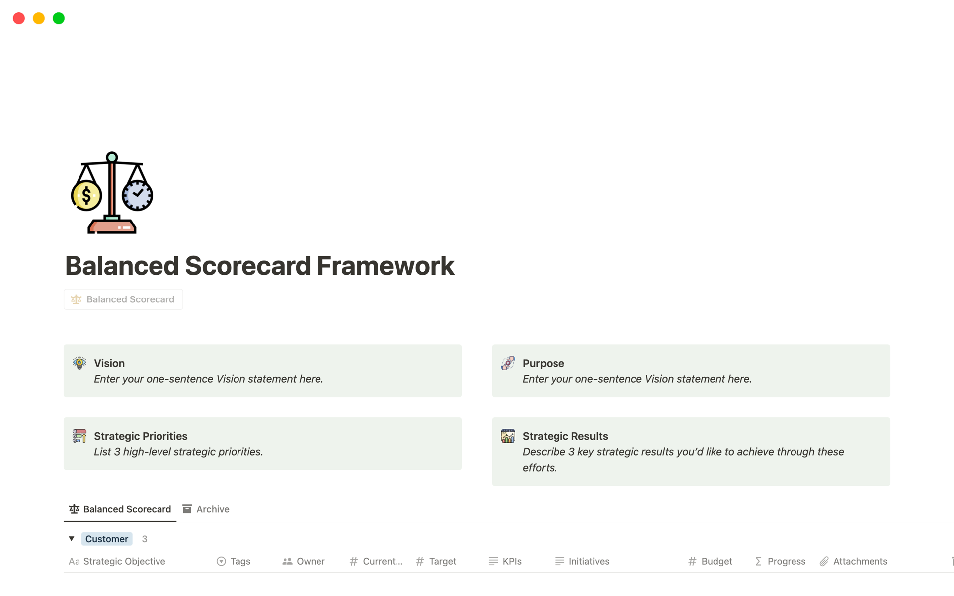 Vista previa de plantilla para Balanced Scorecard Framework