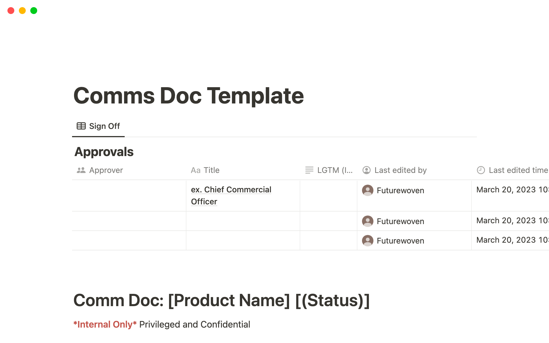 Vista previa de una plantilla para Product Comms Doc