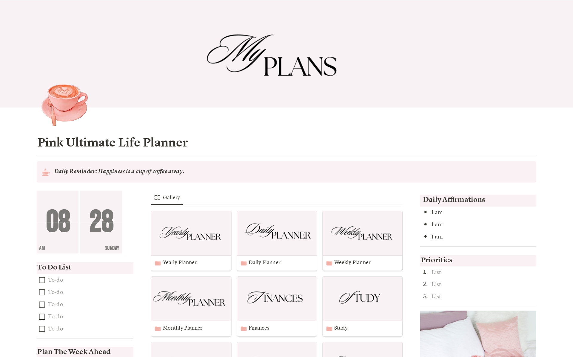 Effortlessly streamline your life in 2024 with the comprehensive and visually captivating 'That Girl' Pink Aesthetic Notion Template, covering everything from daily routines to financial management and beyond.