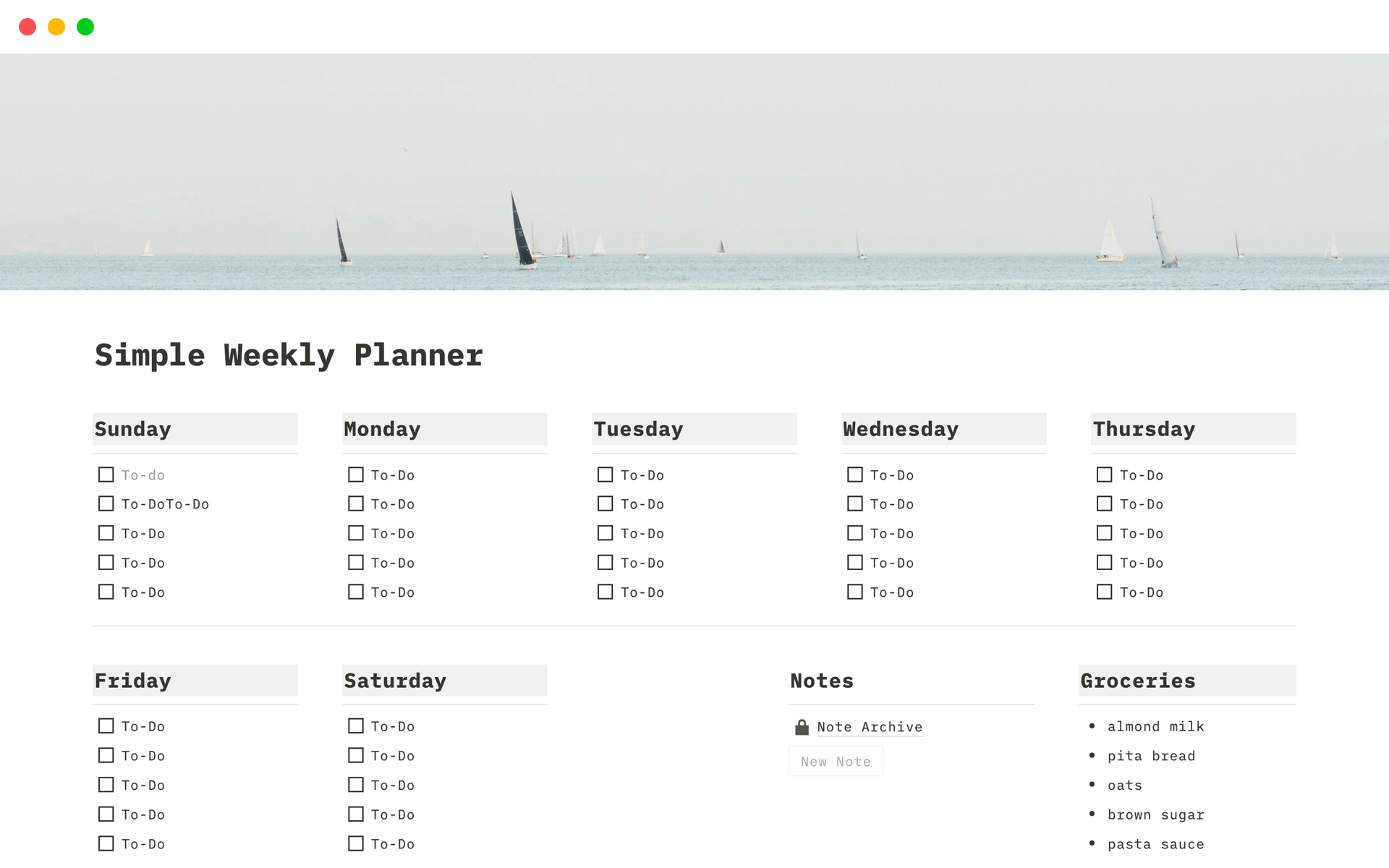 Vista previa de una plantilla para Simple Weekly Planner