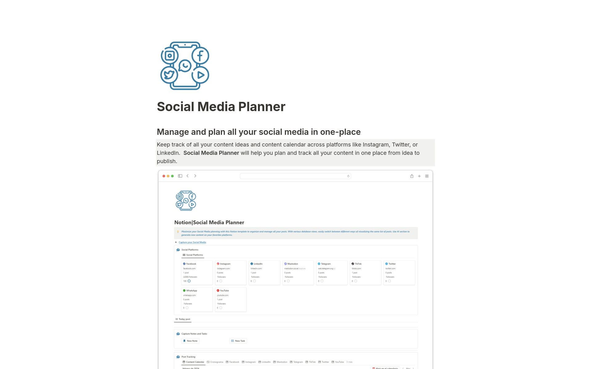Uma prévia do modelo para Social Media Planner