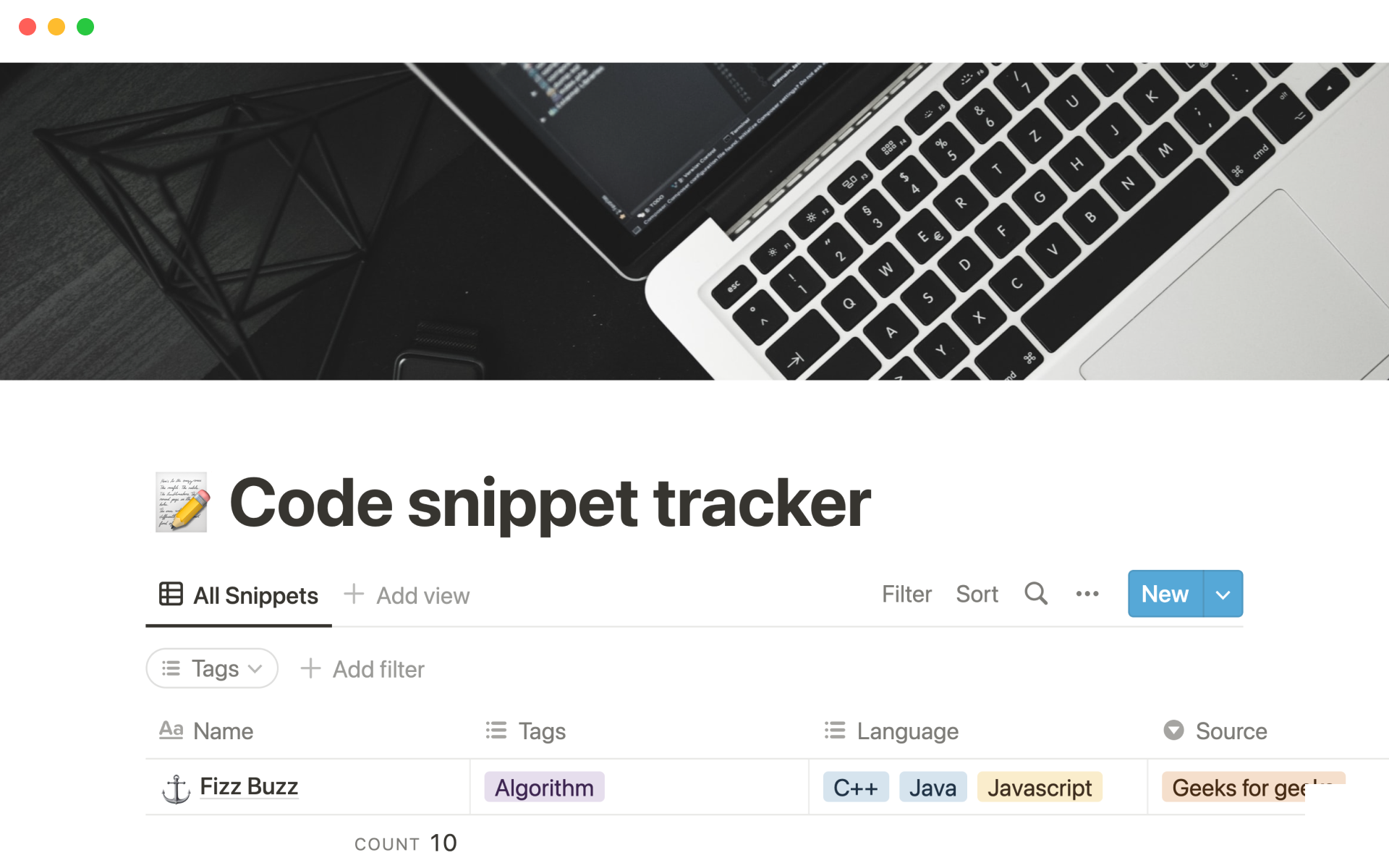 Vista previa de una plantilla para Code snippet tracker