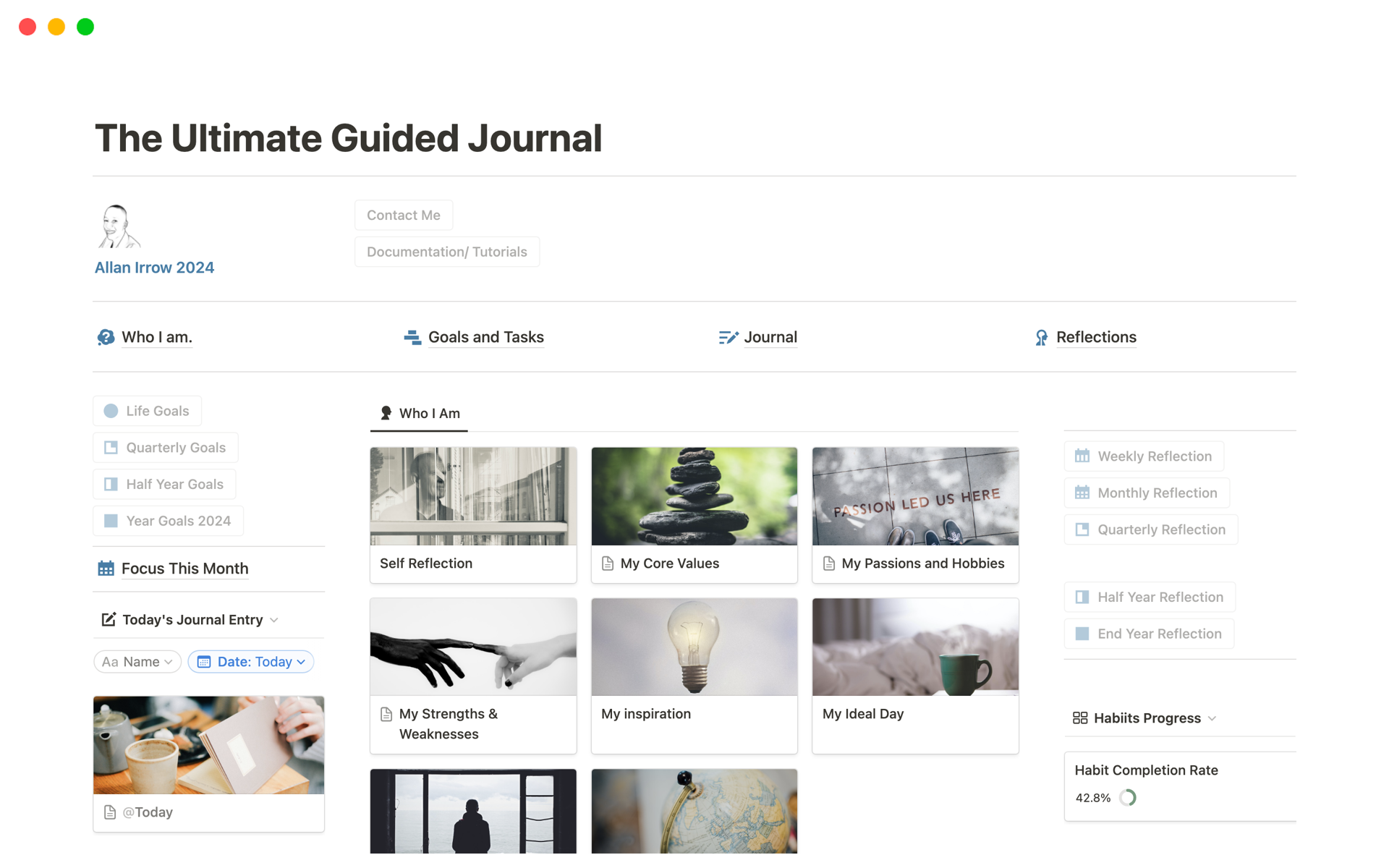 The Ultimate Guided Journal is an all-in-one dashboard, combining journaling, goal setting, task management, reflection, and self-discovery.