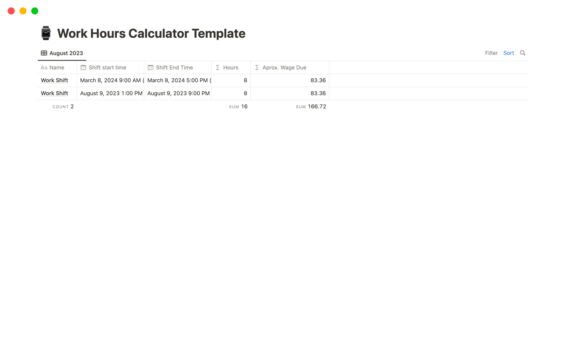 A template preview for Work Hour Calculator