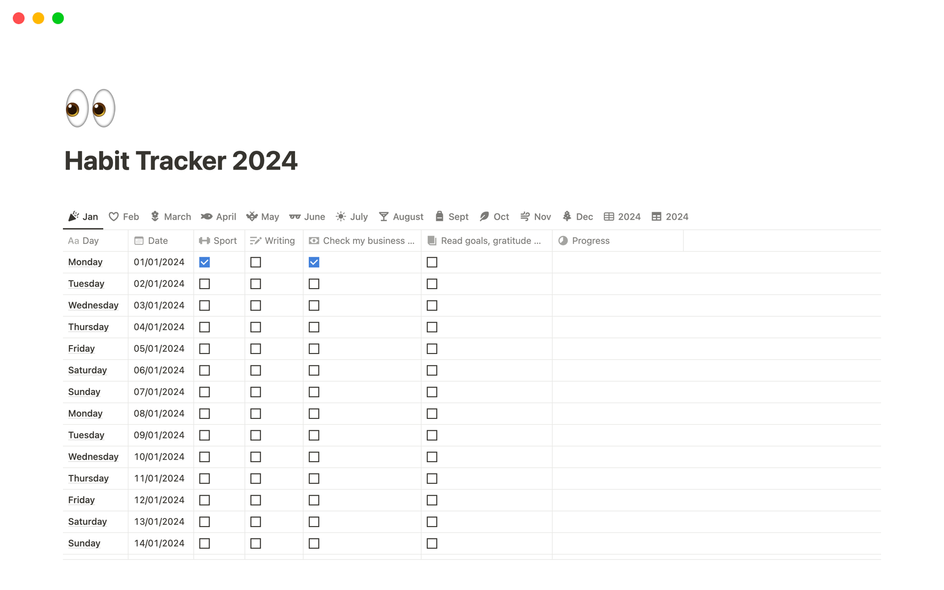A template preview for Habit Tracker 2024