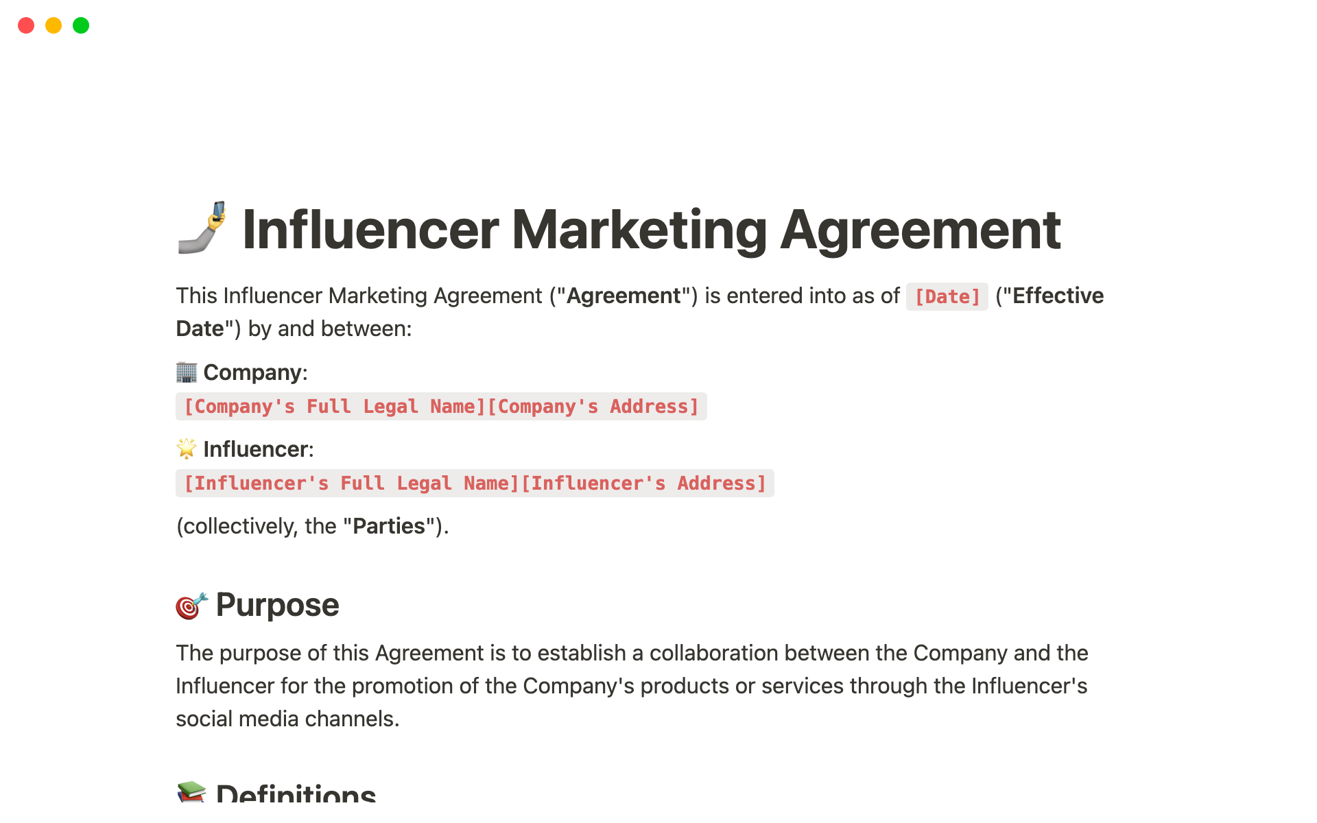 A contract template for collaborations between brands and influencers, covering deliverables, compensation, intellectual property rights, and confidentiality.