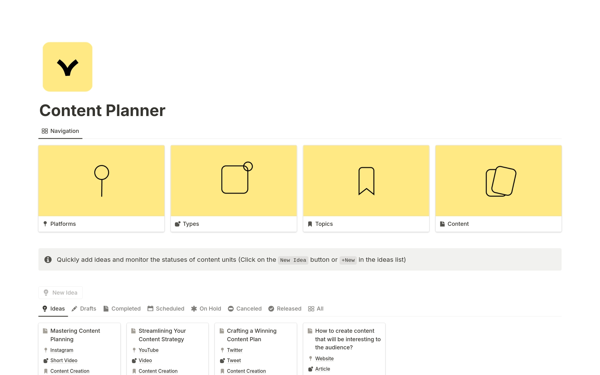 Content production isn't just about the release date. It's also necessary to schedule time for content creation. Use this template for planning: select platforms, quickly add ideas, set content creation dates, and plan releases in the calendar ✨
