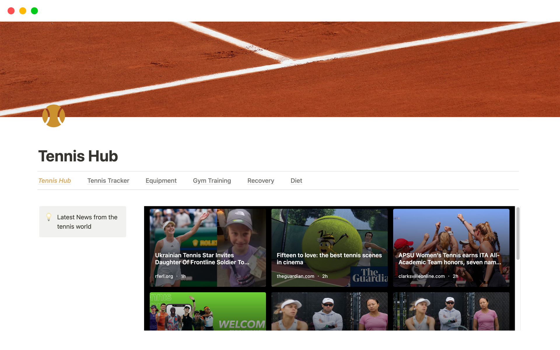 A template preview for Tennis Hub