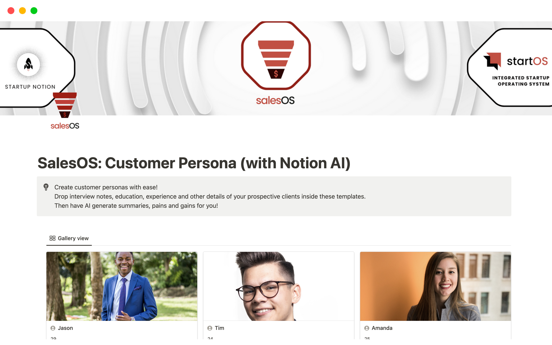 A template preview for SalesOS: Customer Persona (with Notion AI)