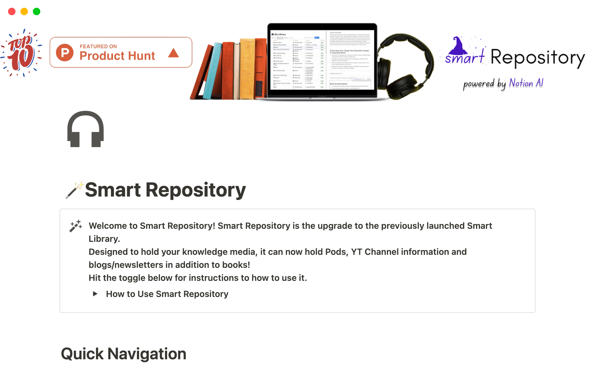 Vista previa de una plantilla para Smart Repository w/ Notion AI