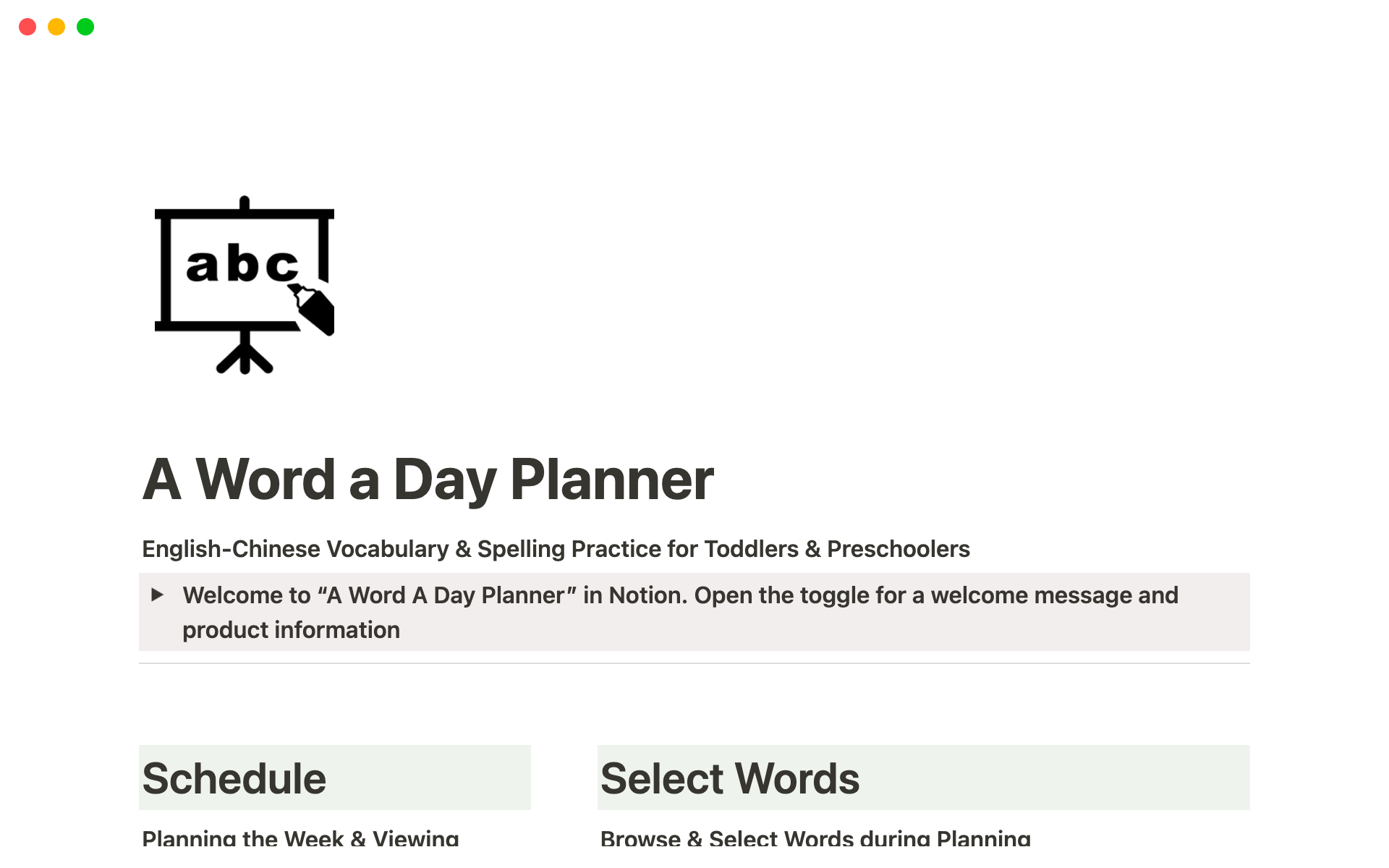 En förhandsgranskning av mallen för A Word A Day Planner | Chinese-English Words for Toddlers & Preschoolers