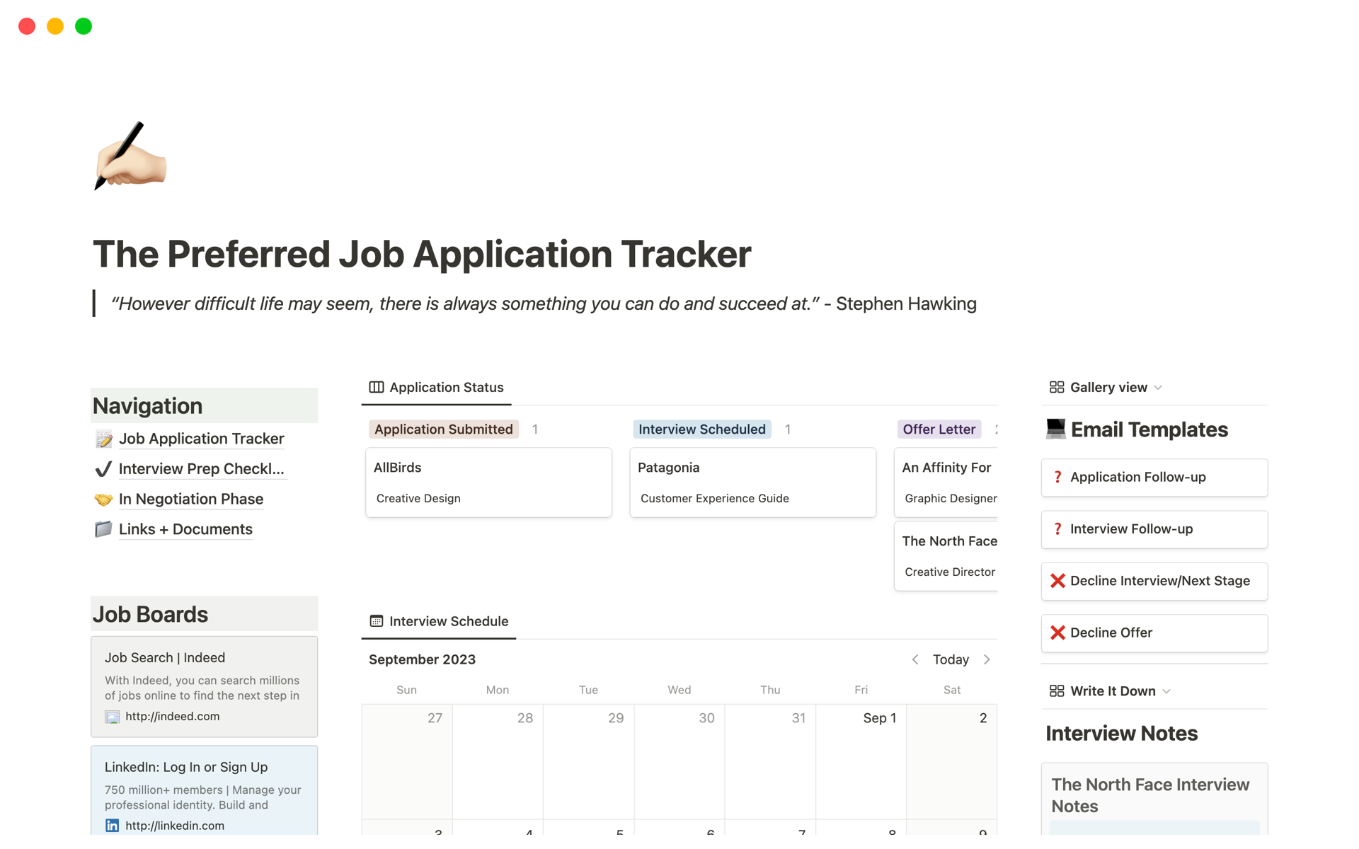 En forhåndsvisning av mal for The Preferred Job Application Tracker
