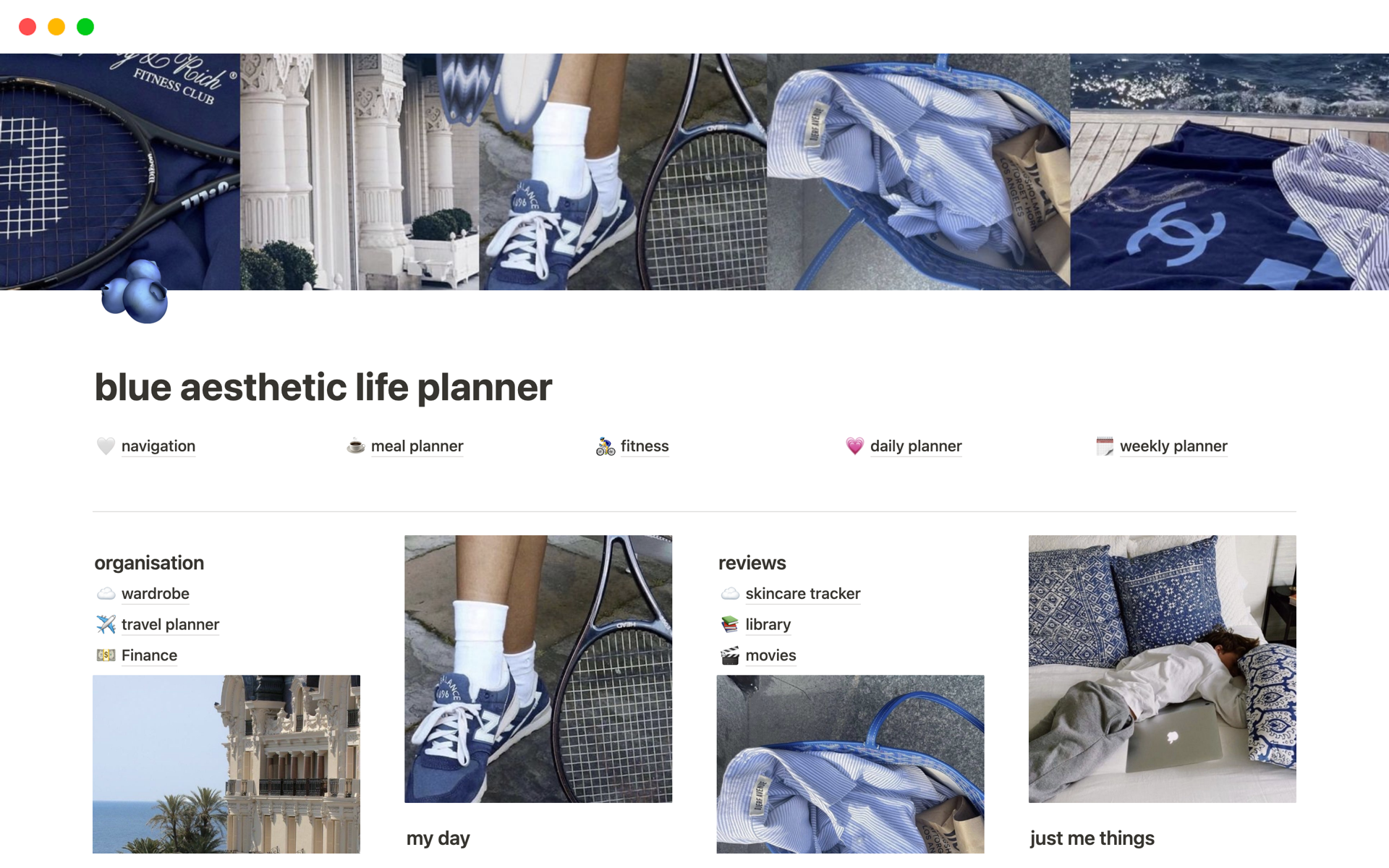 Vista previa de plantilla para blue aesthetic life planner 