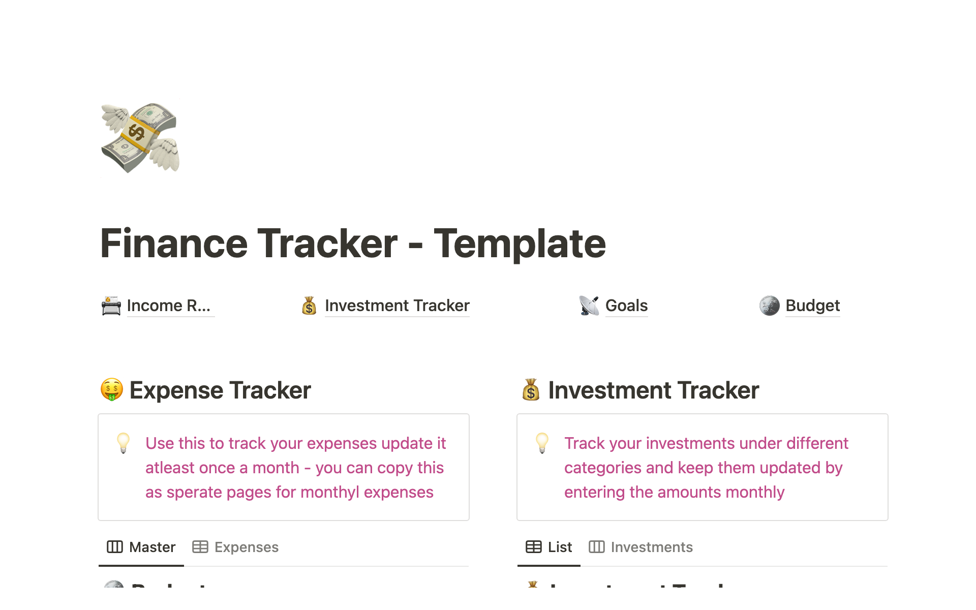 A template preview for Finance management tracker