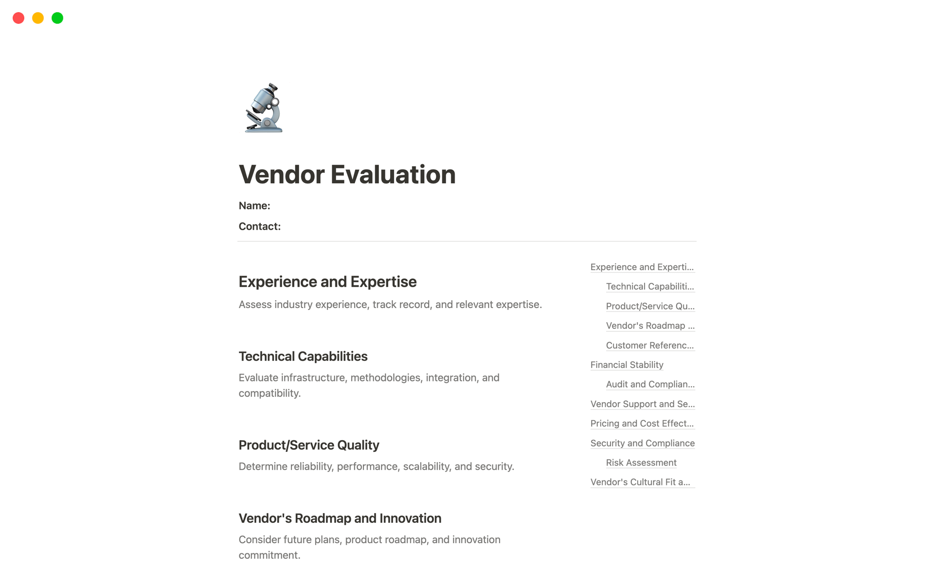 Vista previa de plantilla para Vendor Evaluation