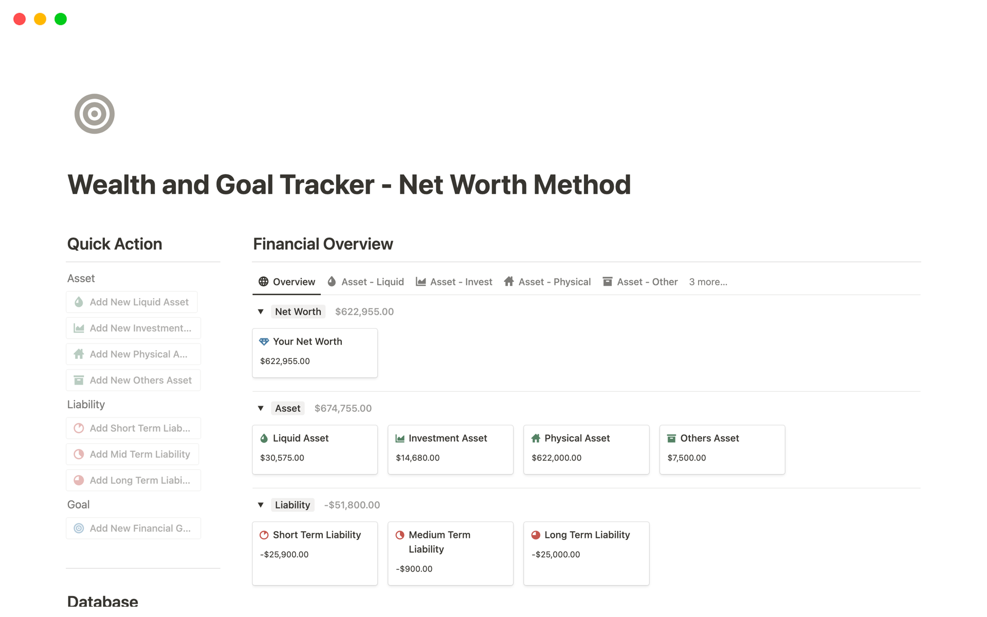 A template preview for Wealth and Goal Tracker - Net Worth Method