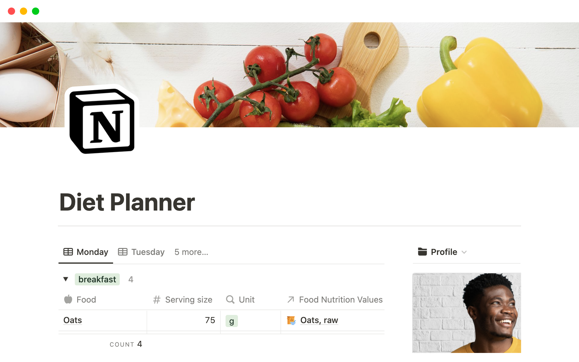 A template preview for Diet Planner