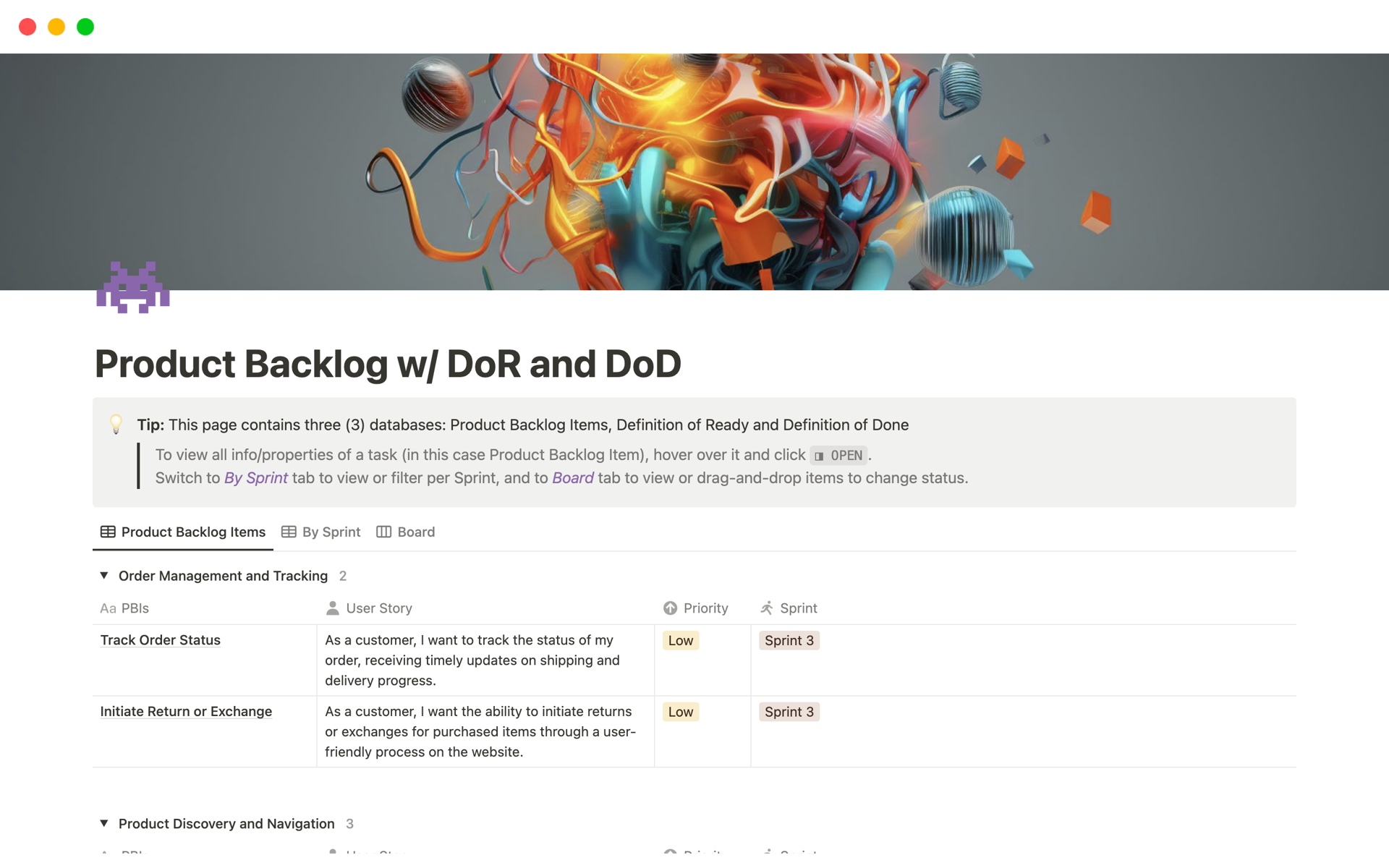 A template preview for Product Backlog w/ DoR and DoD