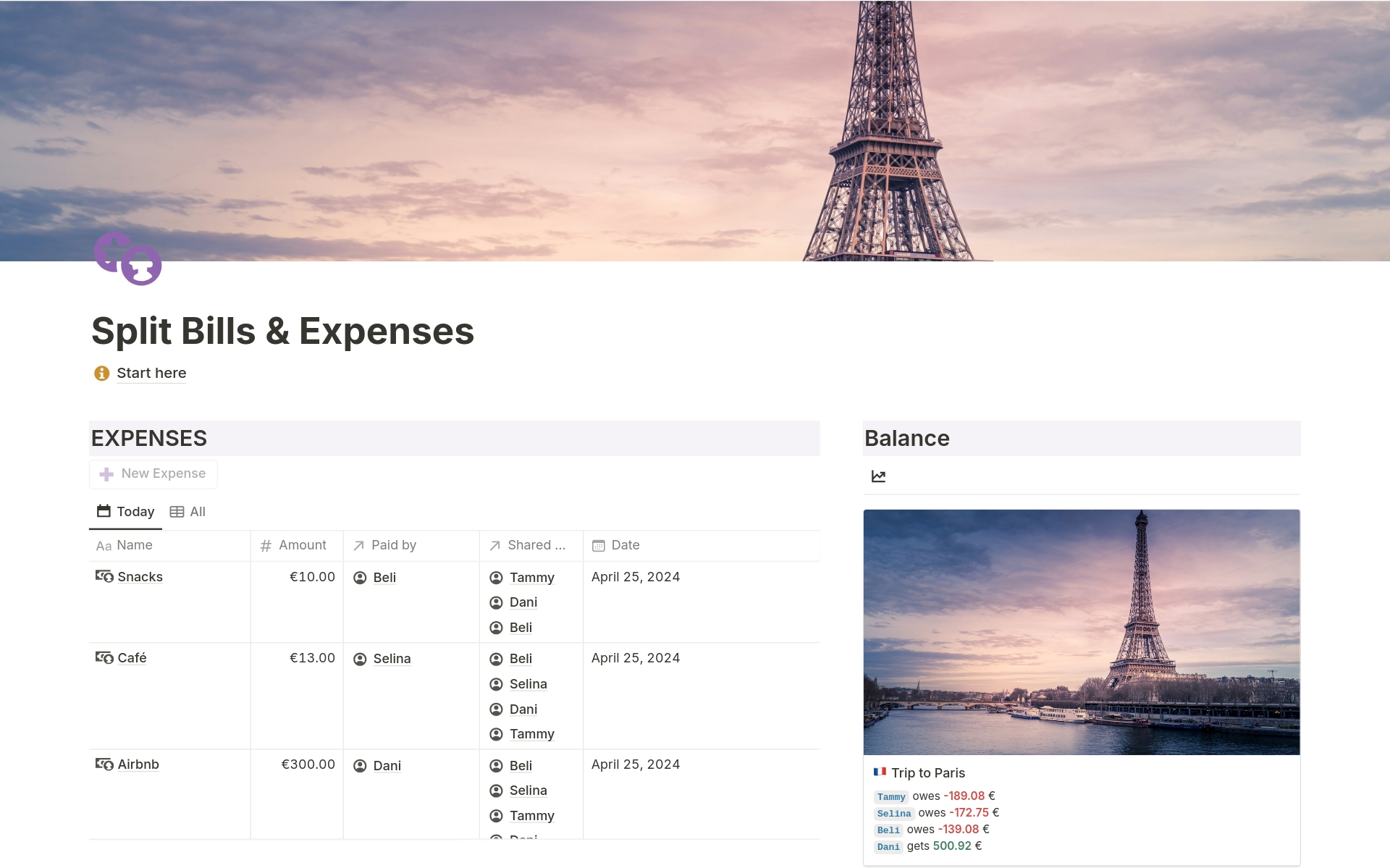 A template preview for Split Bills & Expenses