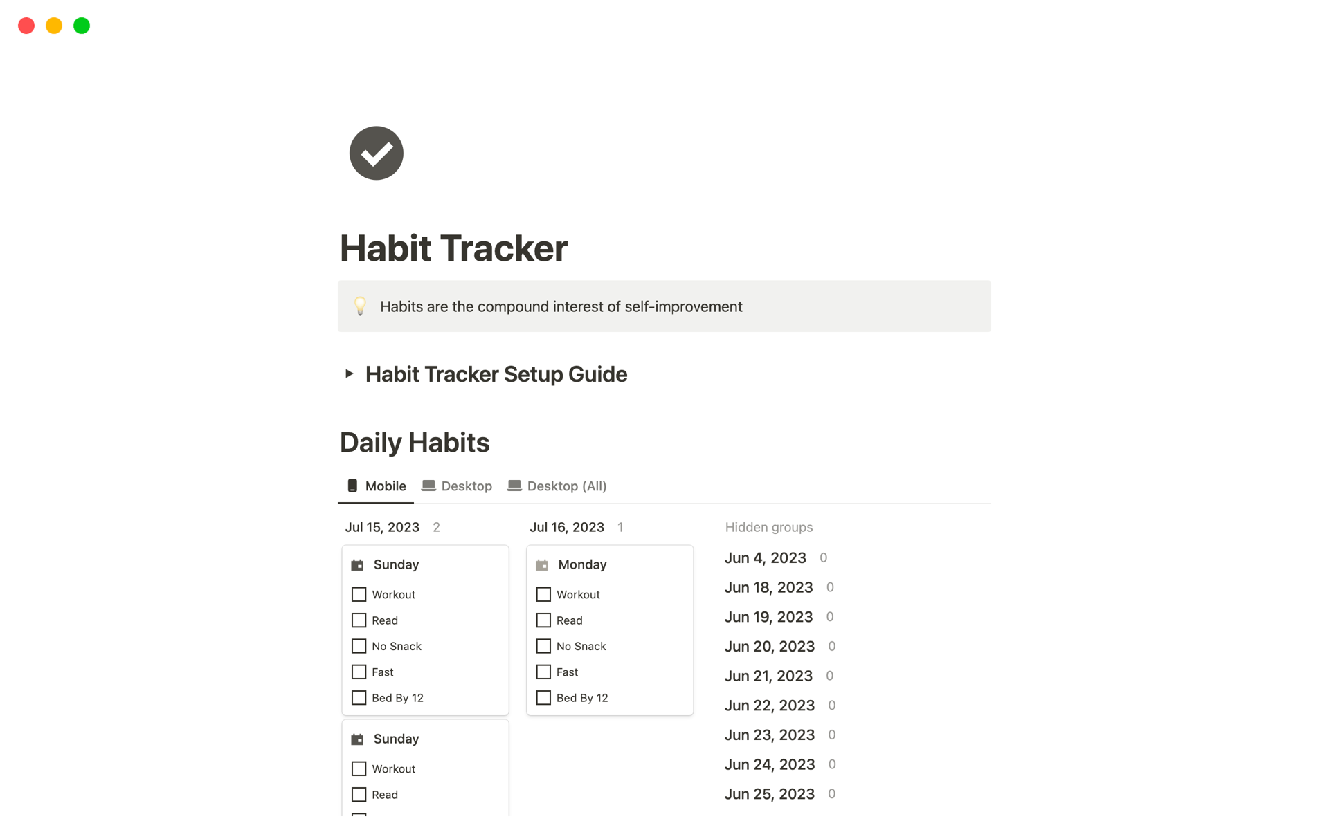 Mallin esikatselu nimelle Habit Tracker