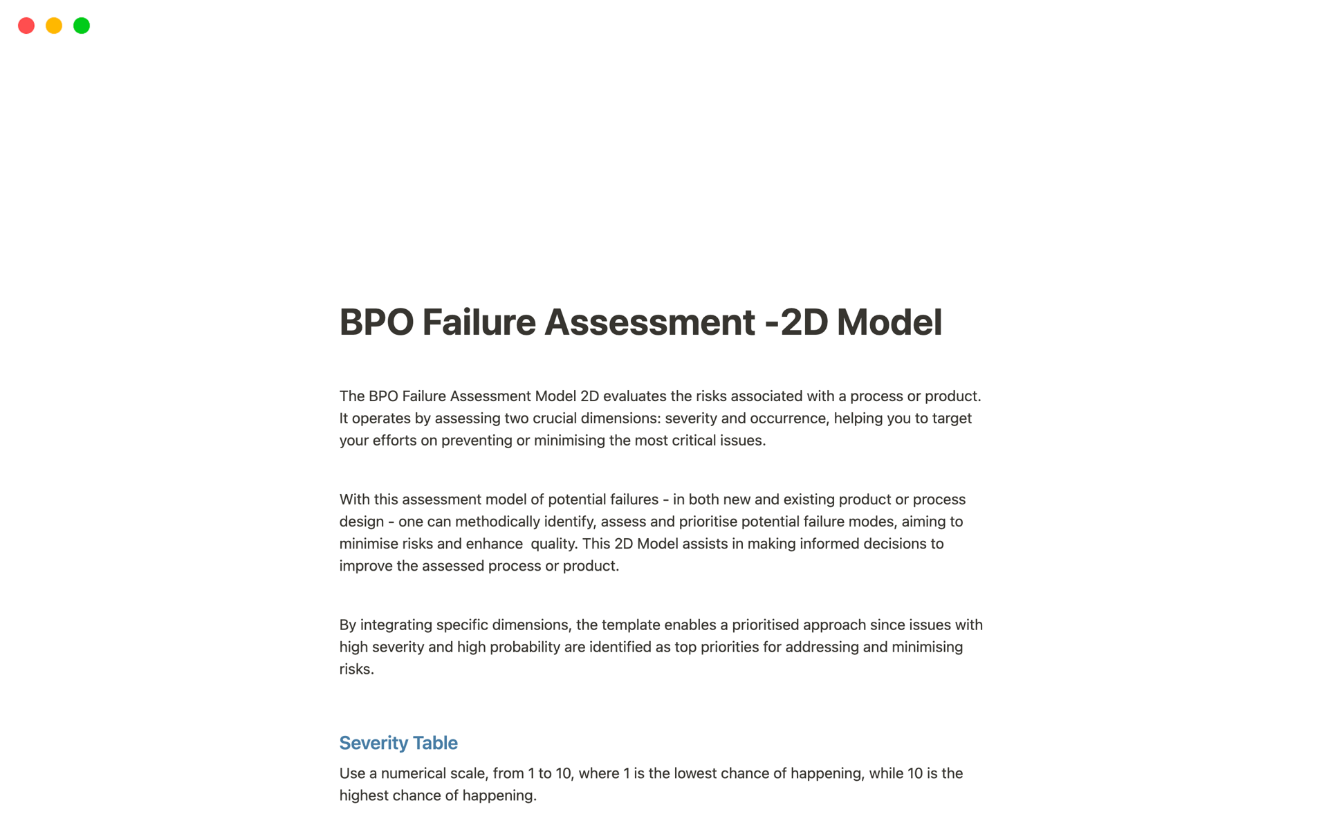 A template preview for BPO Failure Assessment -2D Model