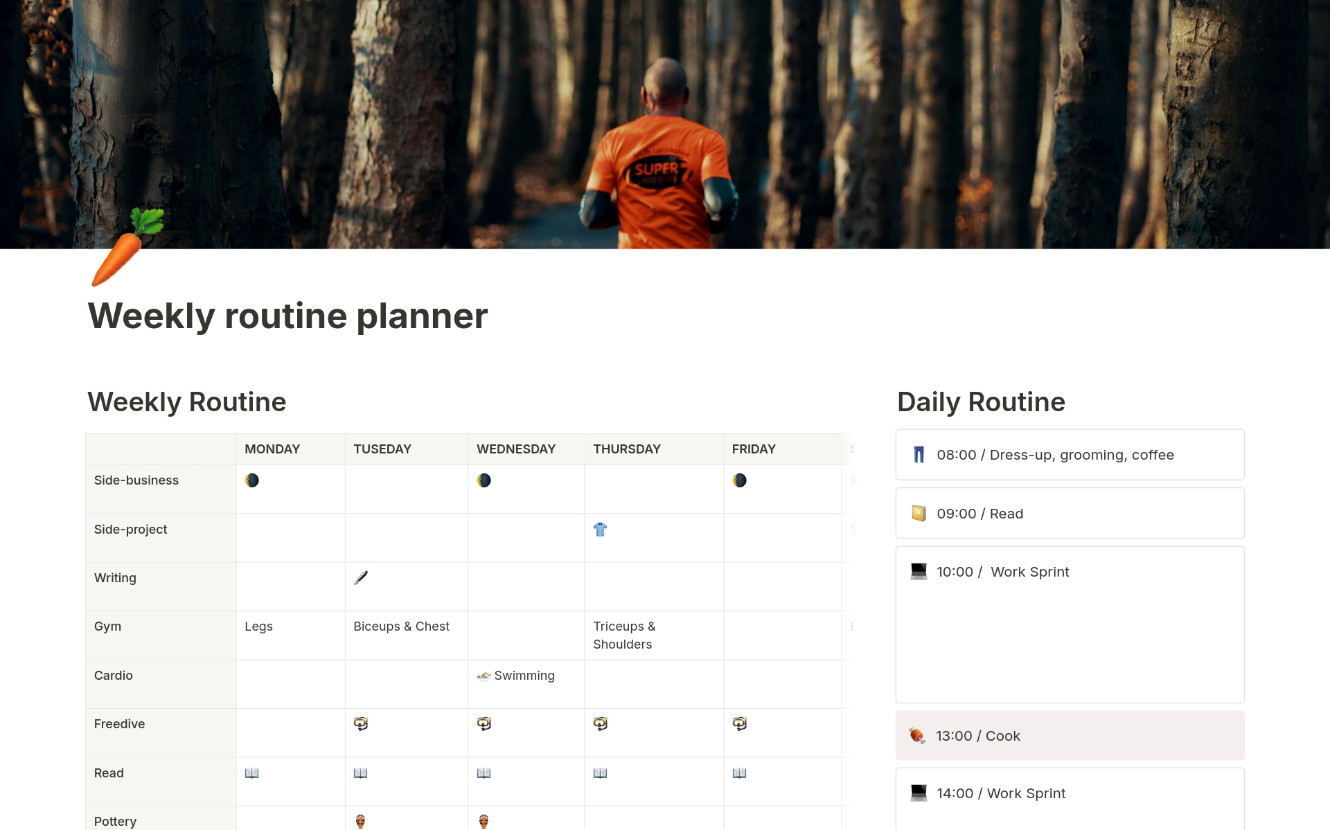 A template preview for Weekly routine planner