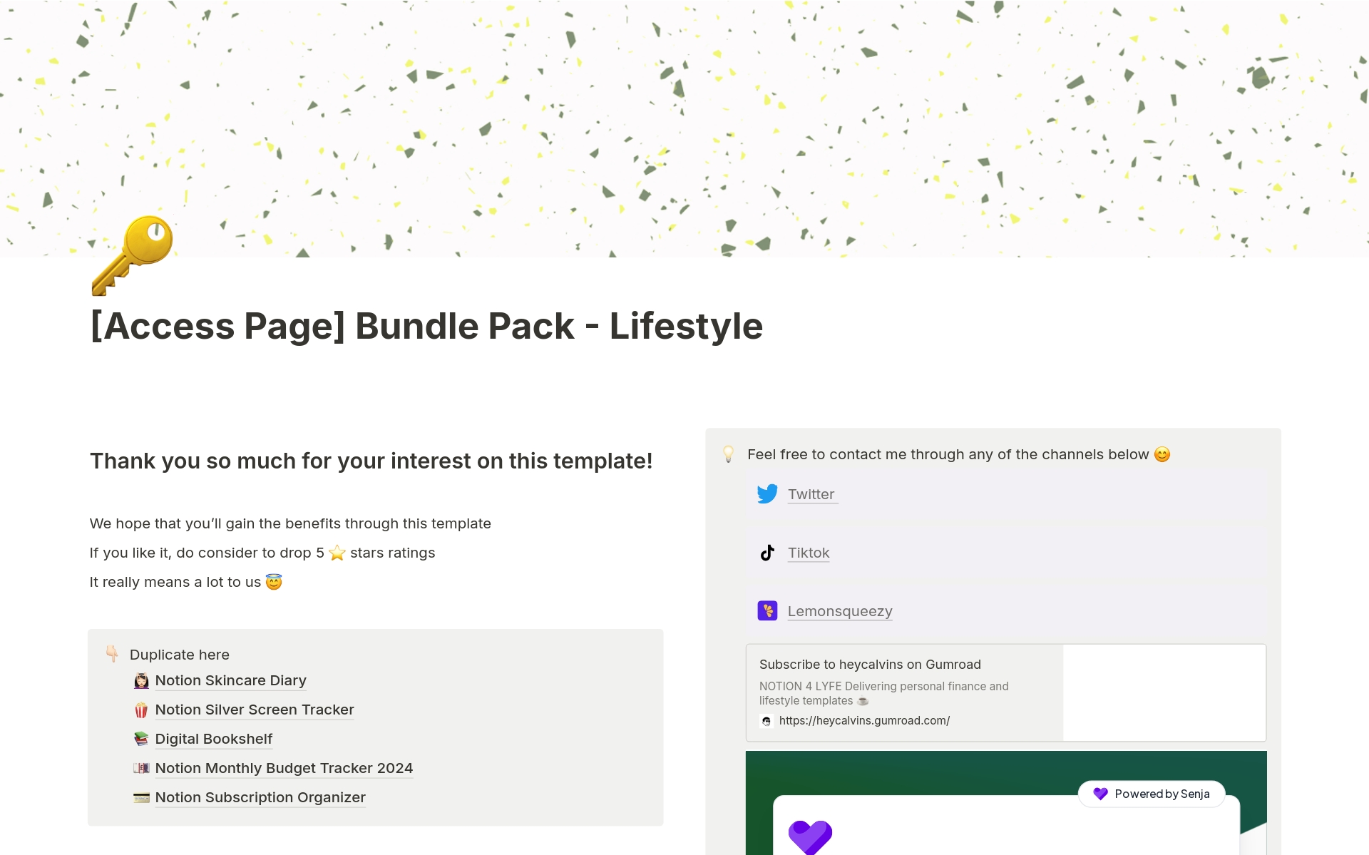 Bundle Pack Content:
• Notion Skincare Diary Template (Worth $7)
• Notion Monthly Budget Tracker 2024 Template (Worth $7)
• Notion Silver Screen Tracker Template (Worth $5)
• Notion Subscription Organizer Template (Worth $5)
