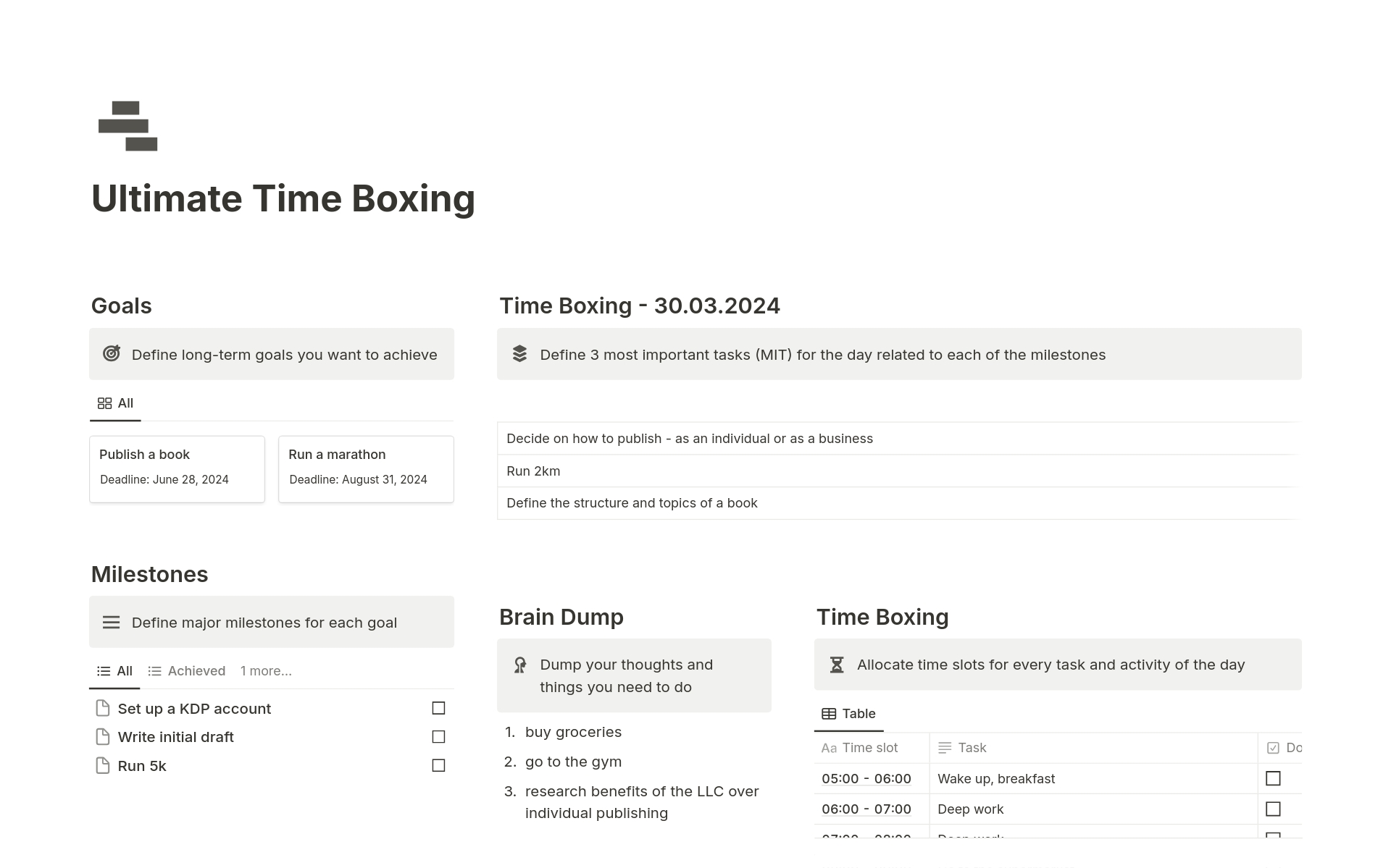 En forhåndsvisning av mal for Ultimate Time Boxing