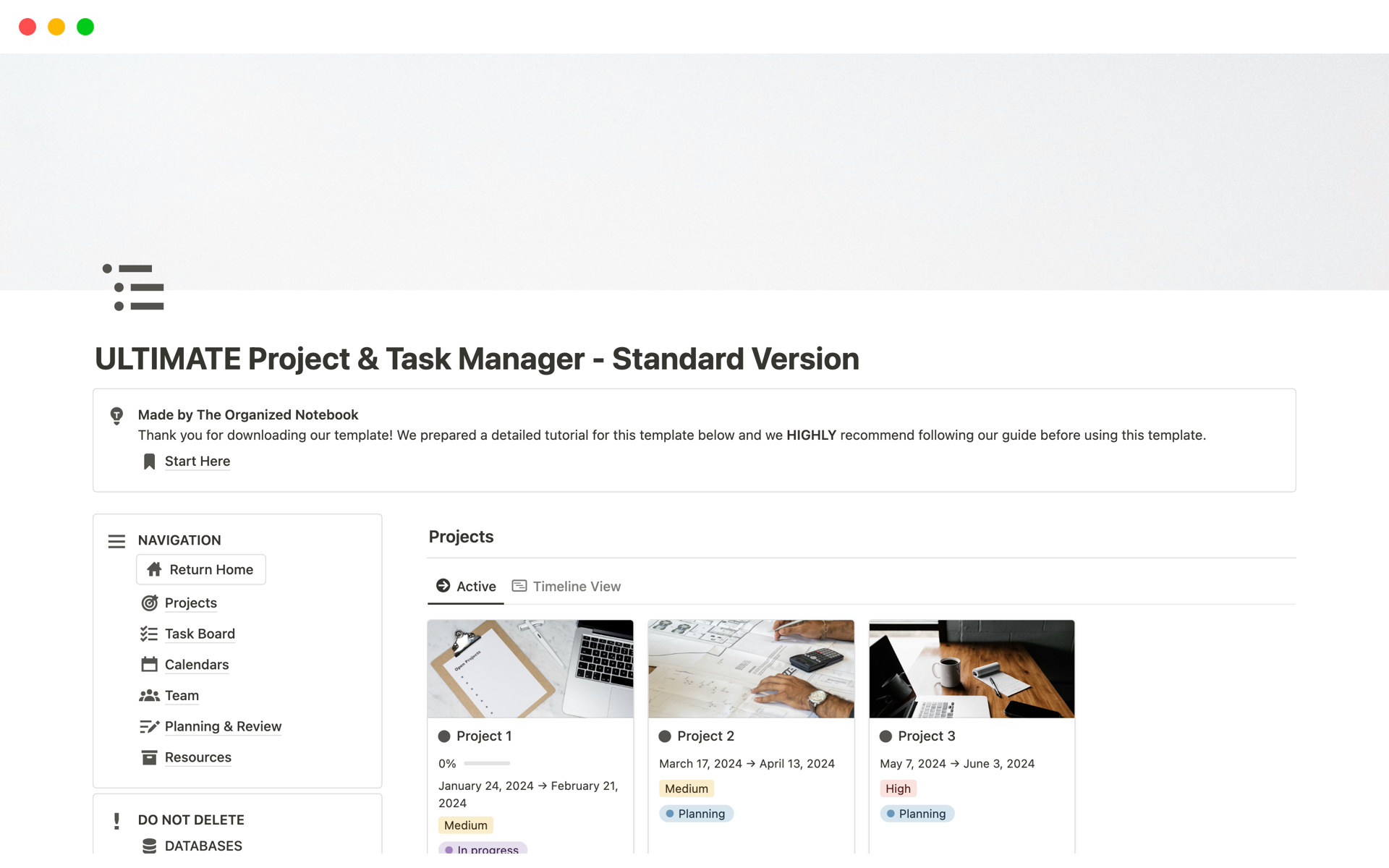 Vista previa de una plantilla para ULTIMATE Project & Task Manager - Standard Version