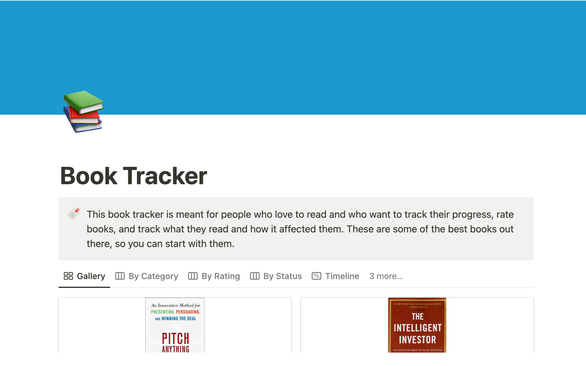 Vista previa de una plantilla para Book Tracker Template for Notion