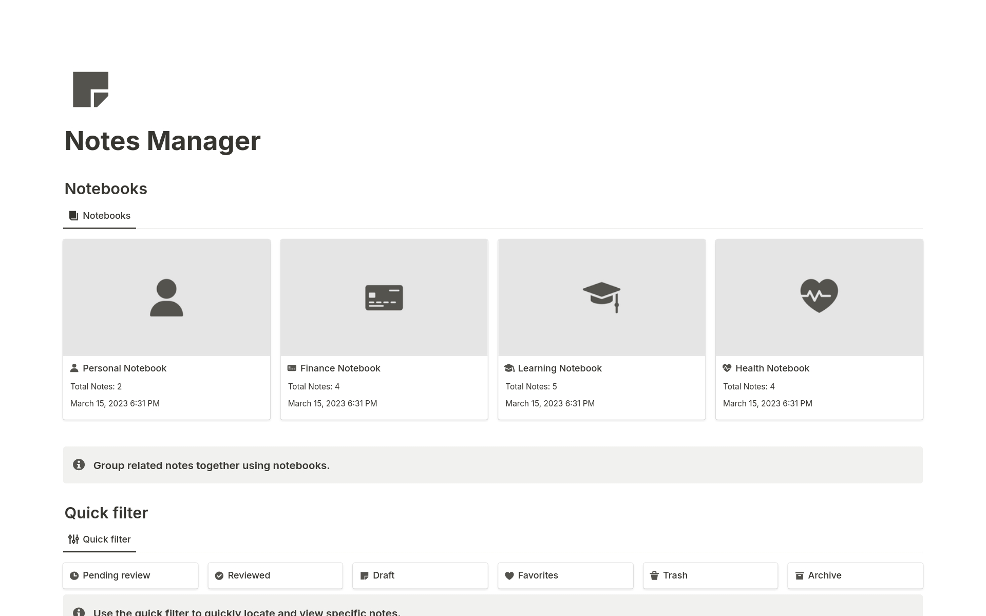 Notes Managerのテンプレートのプレビュー