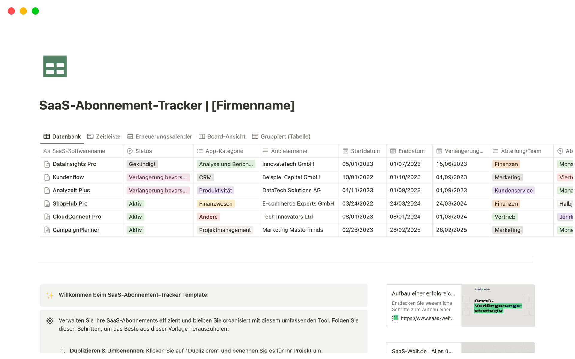 En förhandsgranskning av mallen för SaaS-Abonnement-Tracker | Notion Vorlage