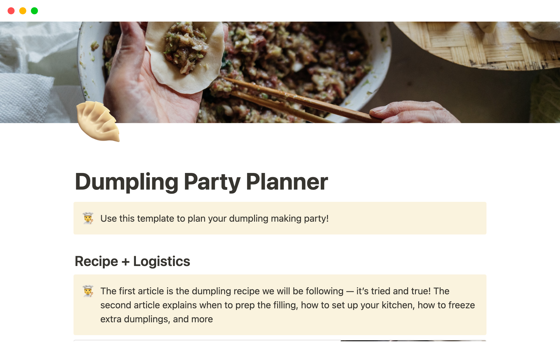 A template preview for Dumpling Party Planner