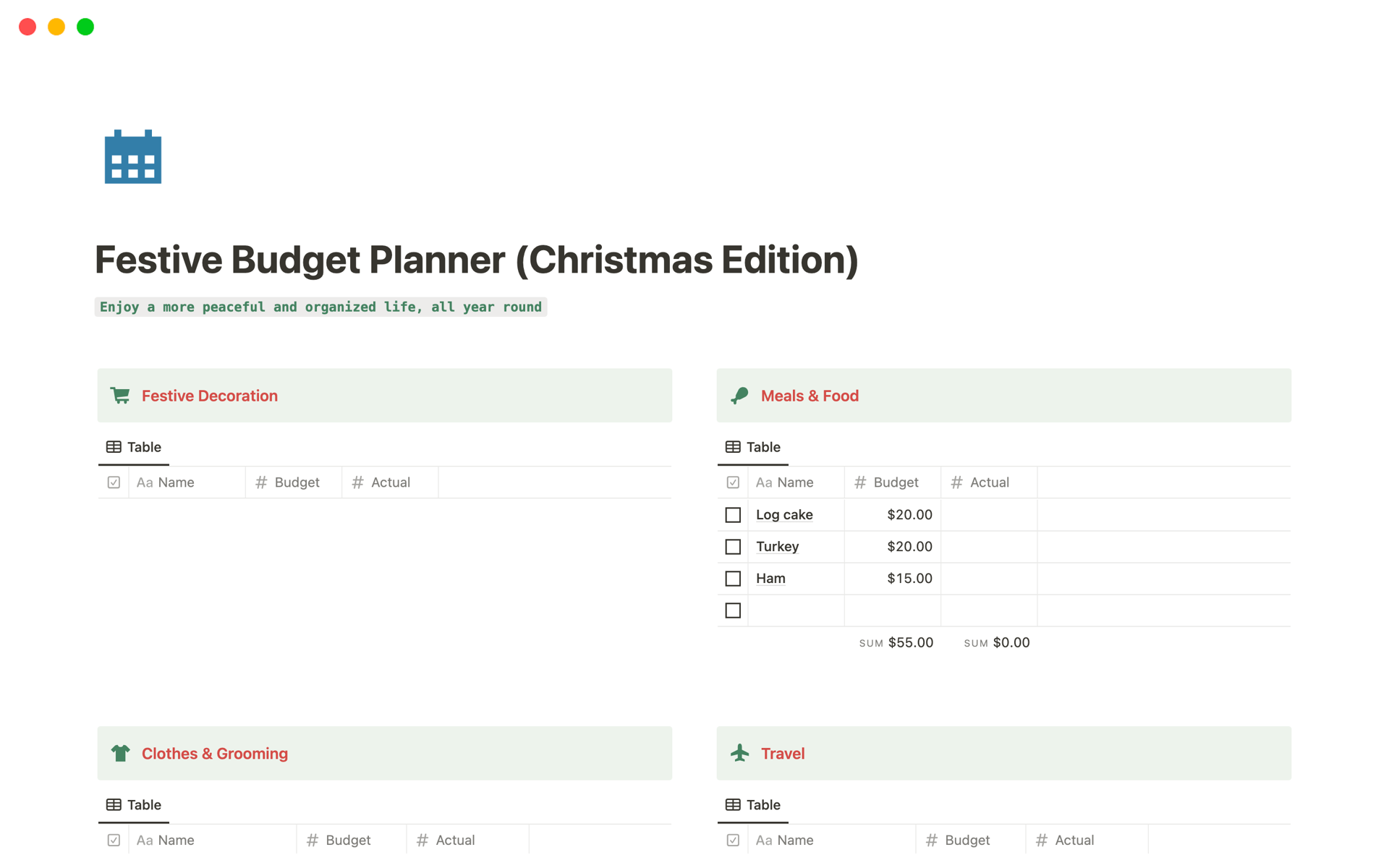 Uma prévia do modelo para Festive Budget Planner (Christmas Edition)