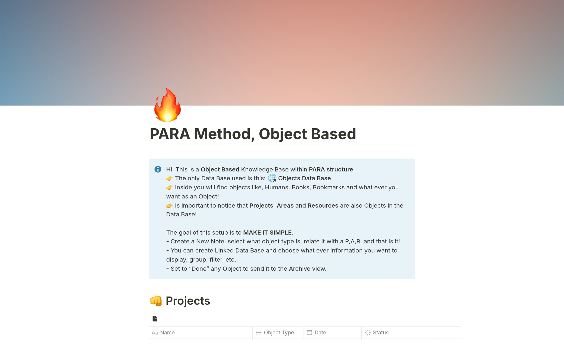 A template preview for PARA Method Object Based