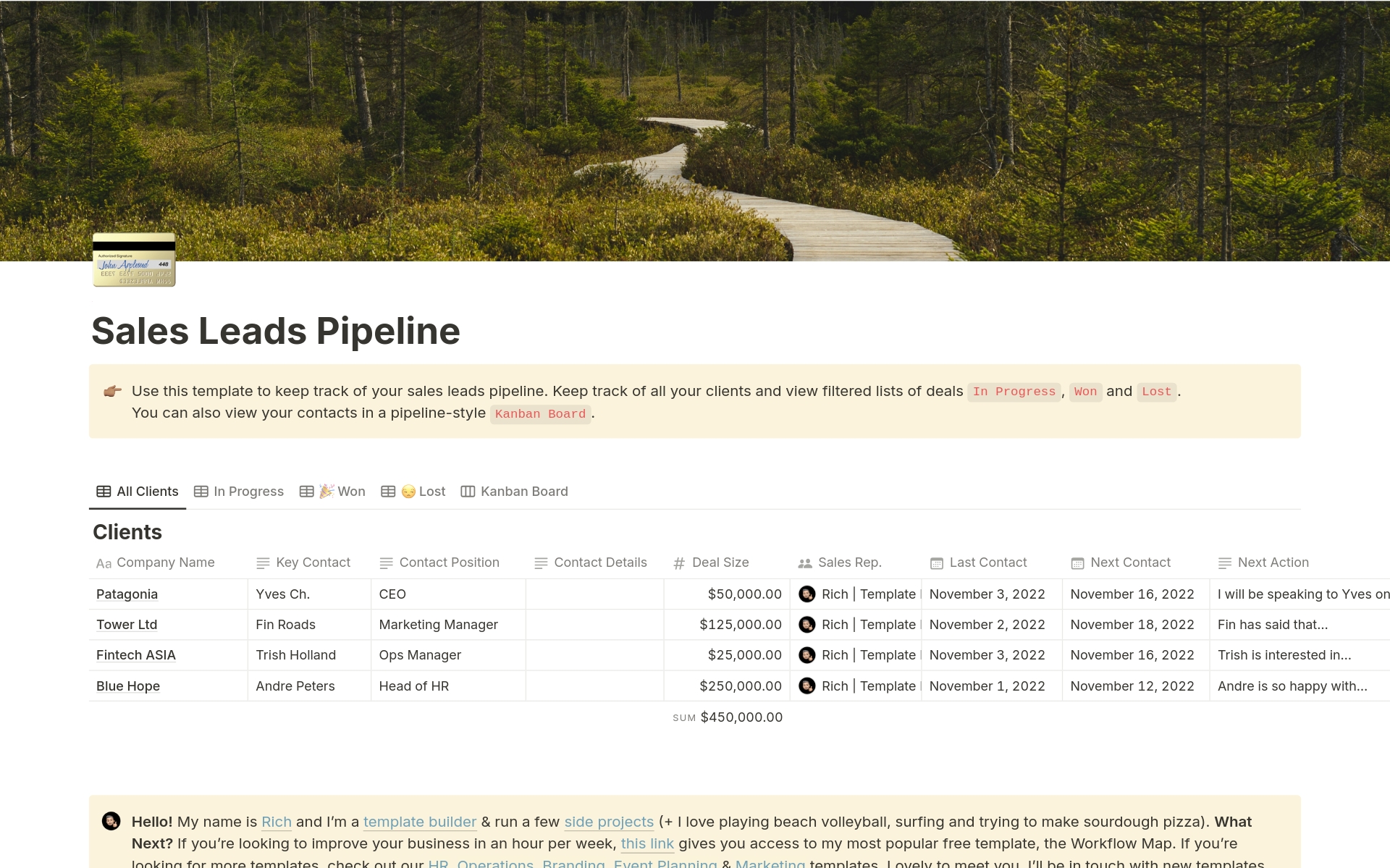 A template preview for Sales Leads Pipeline