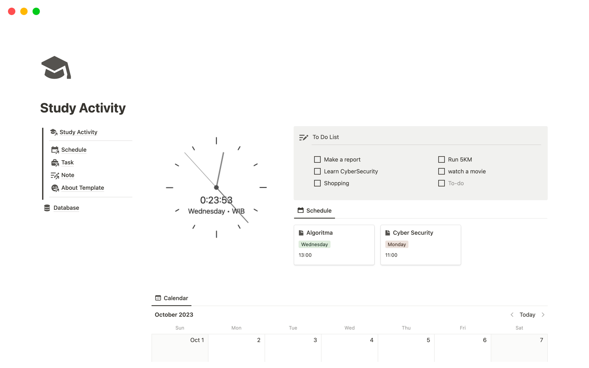 A template preview for Study Activity