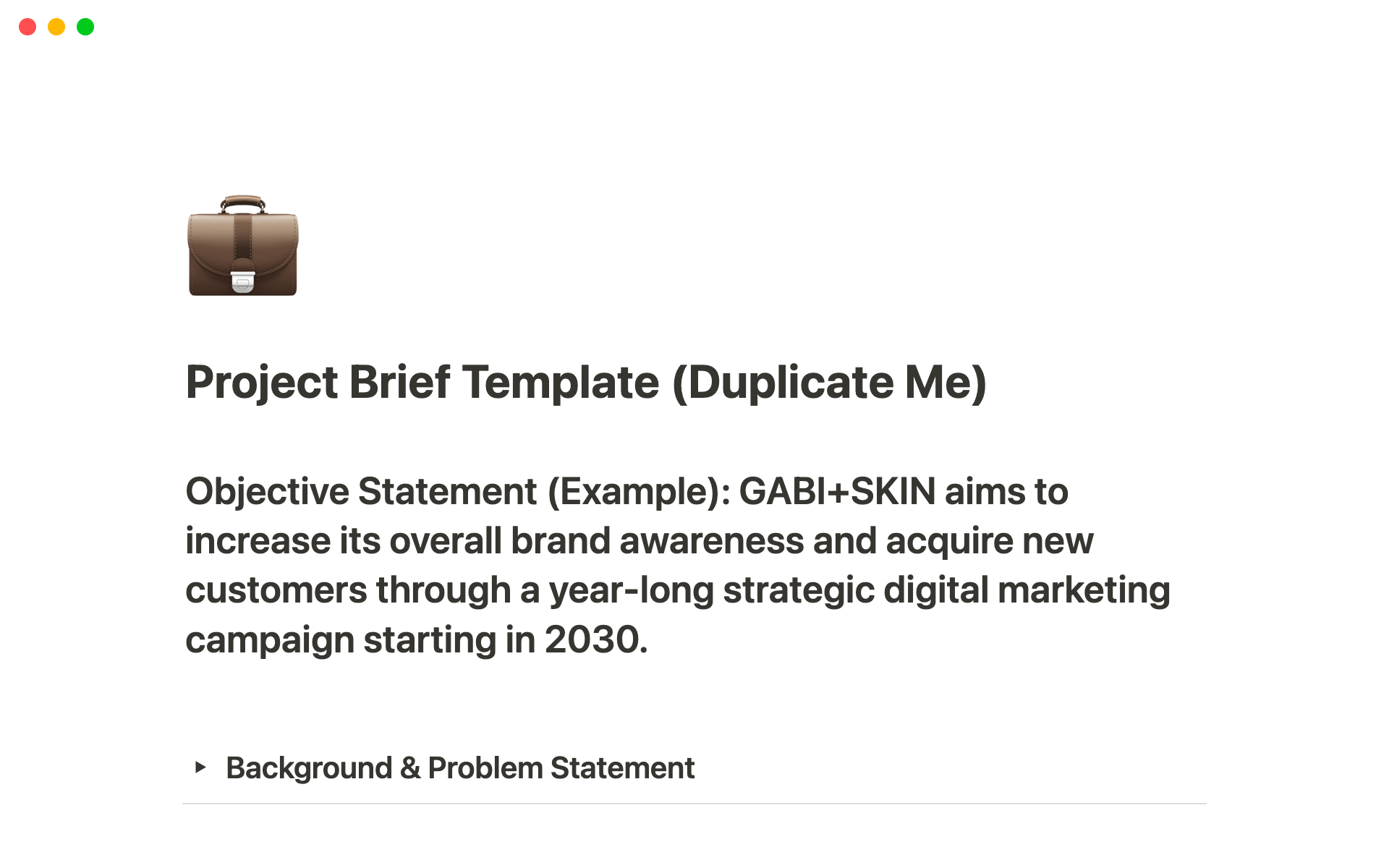A template preview for Notion Project Briefing Template