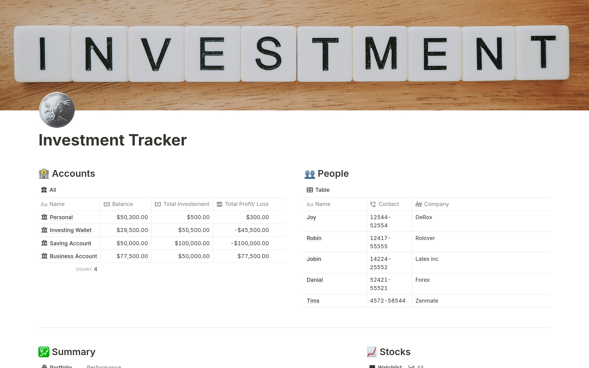 Vista previa de una plantilla para Investment Tracker 