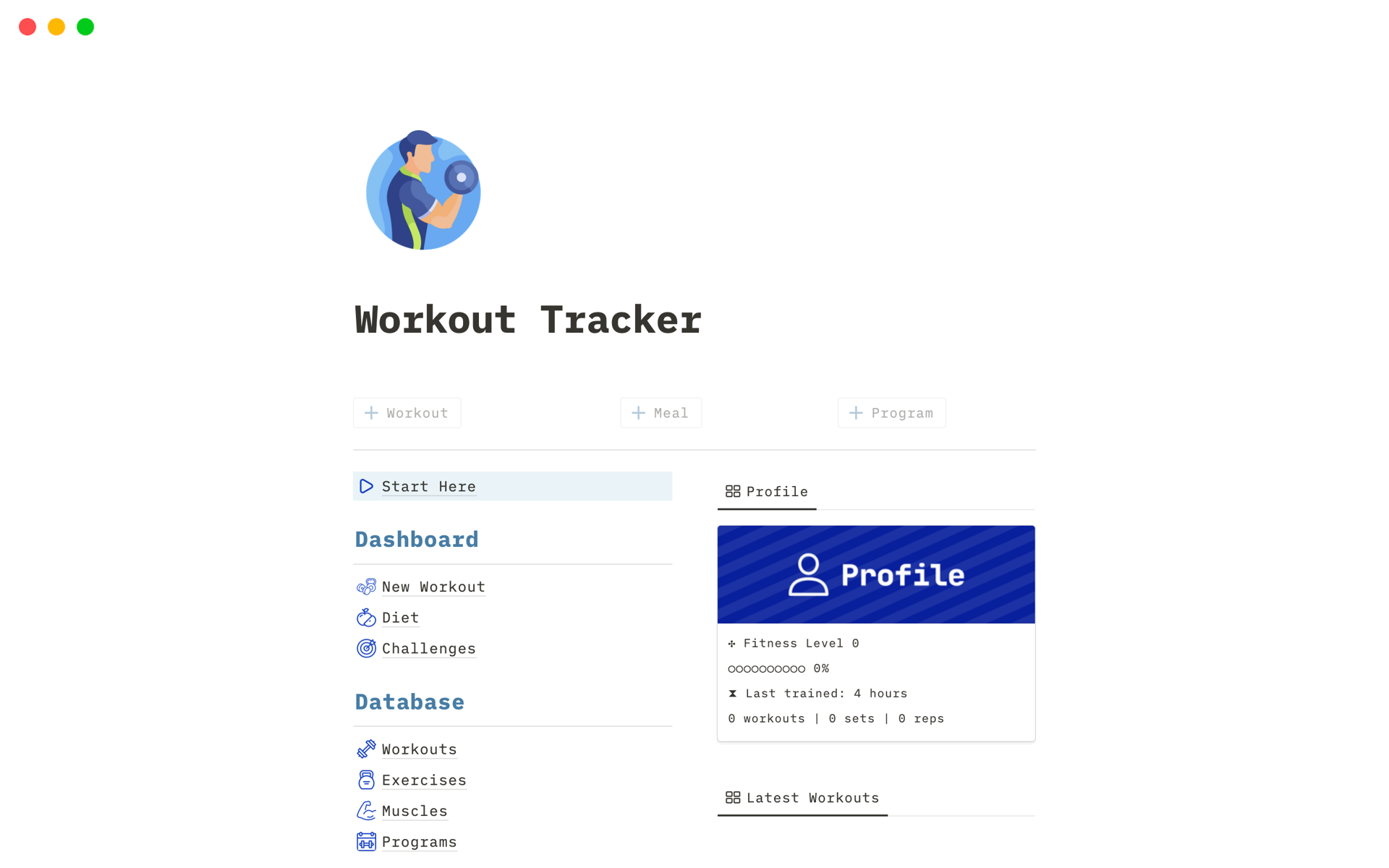 Uma prévia do modelo para Workout Tracker