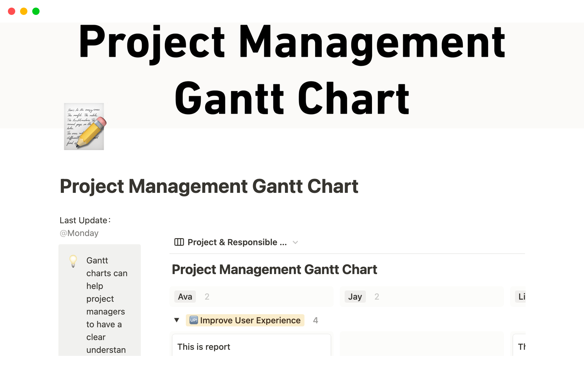 En förhandsgranskning av mallen för Project Management Gantt Chart