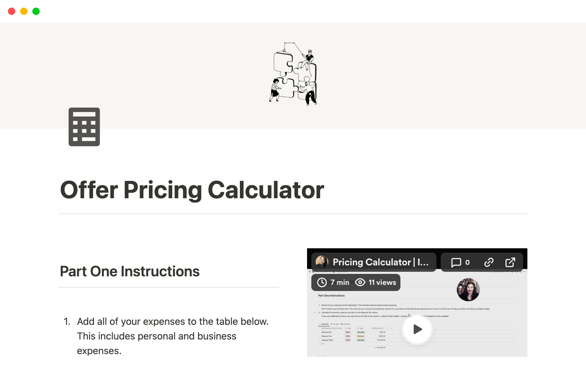 A template preview for Offer Pricing Calculator