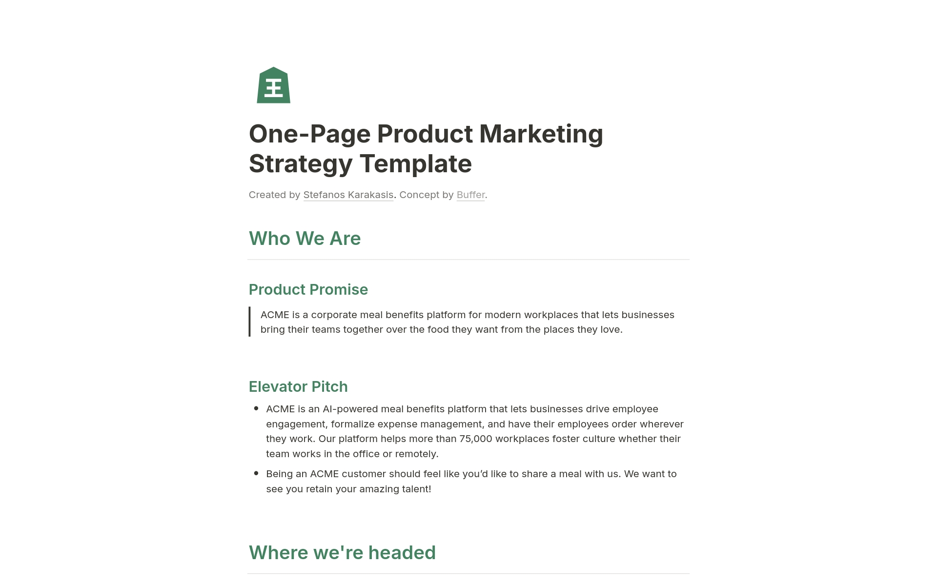 One-Page Product Marketing Strategyのテンプレートのプレビュー